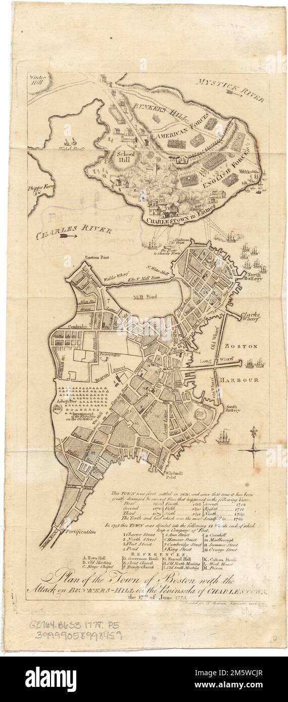 Plan de la ville de Boston avec l'attaque sur Bunkers-Hill dans la péninsule de Charlestown le 17th juin 1775. Relief illustré par illustration et par hachures. Apparaît dans l'édition anglaise de l'histoire impartiale de la guerre actuelle en Amérique de James Murray (Newcastle upon Tyne: T. Robson, [1778-80]) [4416,7.1]. Charlestown en flammes. Le tableau de références identifie les rues et les bâtiments importants et indique les dates des incendies qui ont endommagé la ville , Massachusetts , Suffolk ,Comté , Boston , Bunker Hill Massachusetts , Suffolk ,Comté , Boston , Charlestown Banque D'Images