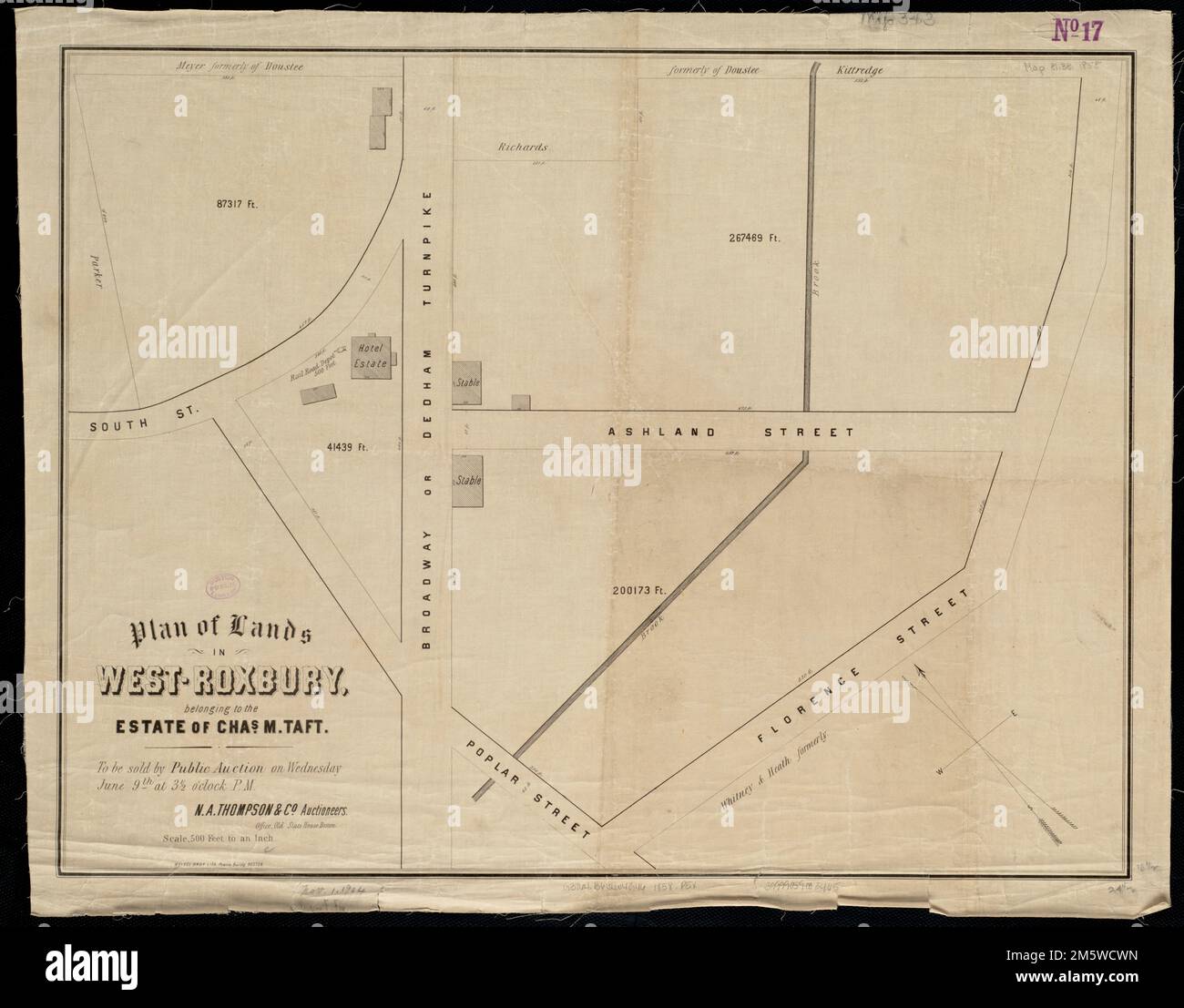 Plan des terres de West-Roxbury, appartenant à la succession de Chas. M. Taft : à vendre aux enchères publiques mercredi 9 juin à 31/2 heures Orienté vers le nord, en haut à gauche , Massachusetts , Suffolk ,Comté , Boston , West Roxbury Banque D'Images