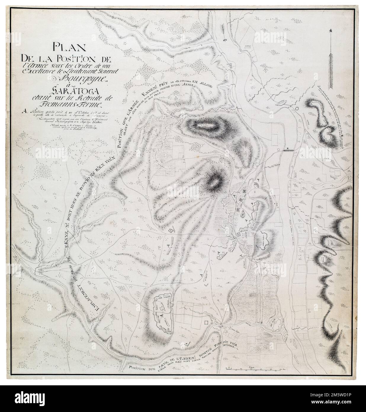 Plan de la position de l'armée sous l'ordre de son Excellence le Lieutenant général Bourgoyne à Saratoga et sur la Retraiite de Fremns-ferme. Carte du champ de bataille militaire. Affiche les dispositions de troupes et d'artillerie en septembre et octobre 1777. Les troupes américaines ont appelé « l'armée Ennemi ». Affiche « canadien et Provinteaux » en position avant. Affiche le relief par les haches dans le style français. Stylo et encre sur papier couté. Filigrane britannique : '[J WHATM]AN TURKEY MILL 1773.' Comprend la clé et le texte descriptif , New York , Saratoga , comté , Schuylerville Banque D'Images