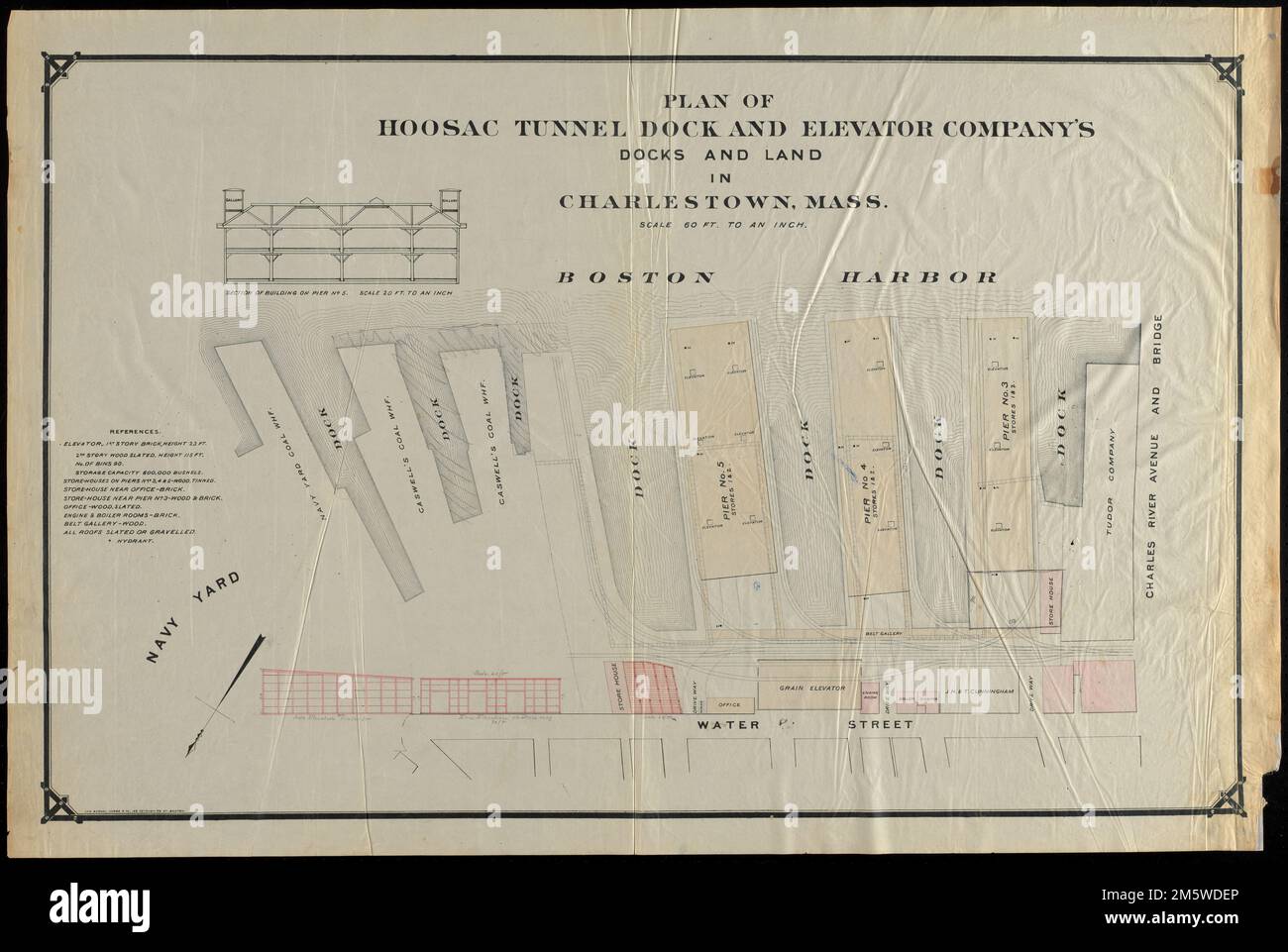 Plan des quais et des terrains de la Hoosac tunnel Dock and Elevator Company à Charlestown, Massachusetts. Orienté vers le nord, en bas à gauche. Affiche des jetées, des ascenseurs, des maisons de magasins et d'autres bâtiments. Inclut la section du bâtiment sur le quai n° 5. Comprend des références décrivant les matériaux de construction, les hauteurs et autres caractéristiques.... , Massachusetts , Suffolk ,Comté , Boston , Charlestown Banque D'Images