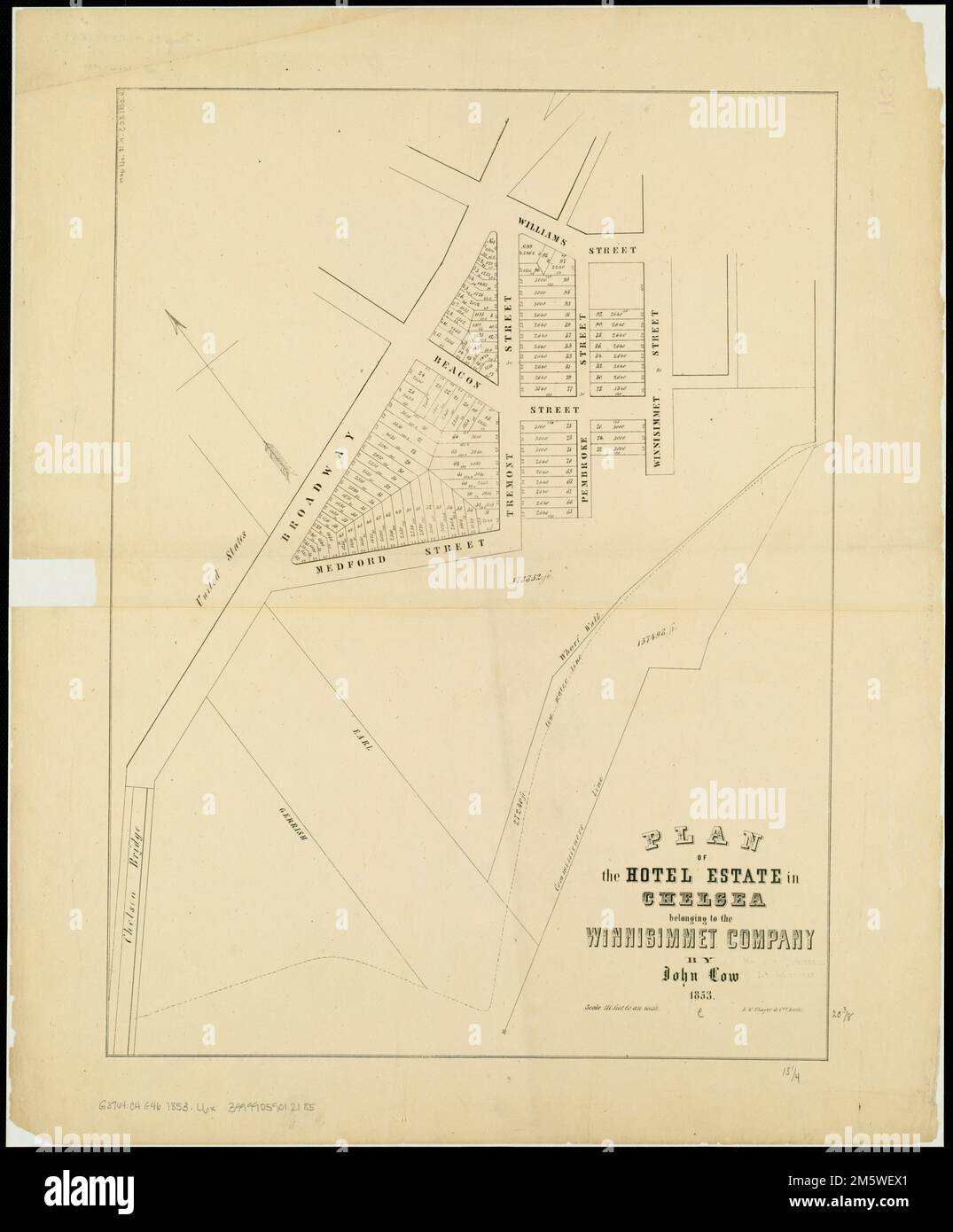 Plan de la propriété de l'hôtel à Chelsea appartenant à la société Winnisimmet. Orienté vers le nord, en haut à gauche , Massachusetts , Suffolk ,comté , Chelsea Banque D'Images