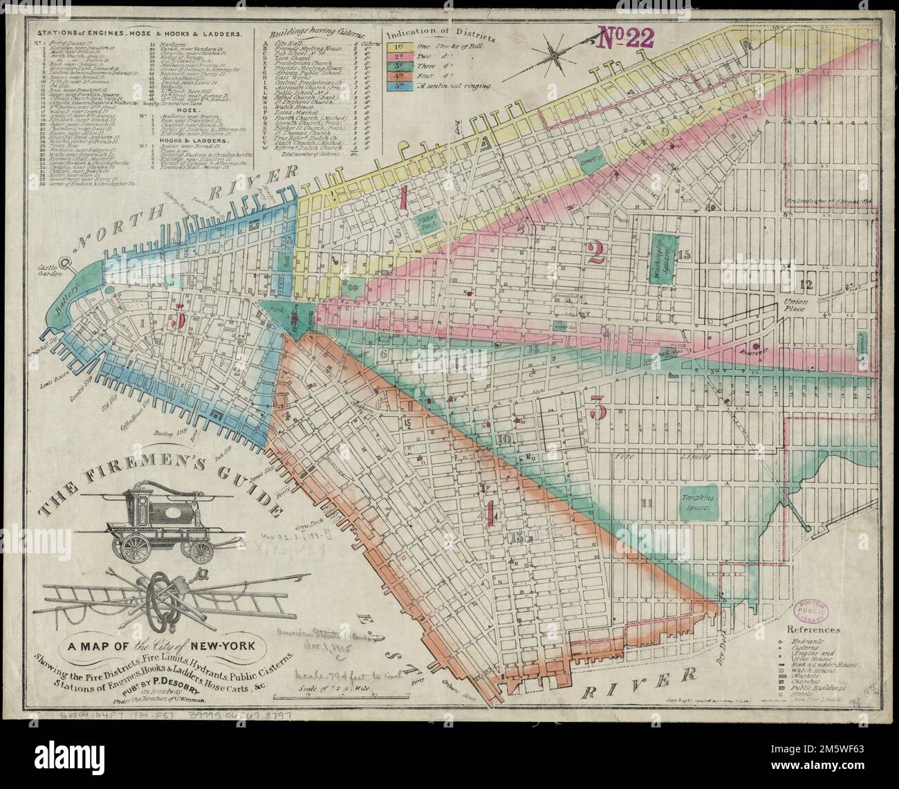 Le guide des pompiers : une carte de la ville de New York, montrant les quartiers d'incendie, les limites d'incendie, les poteaux incendie, les citernes publiques, les stations de moteurs, crochets et échelles, chariots à flexibles et Indique également « limites de tir après le 1st août 1834 ». Orienté du nord vers le coin supérieur droit. Inclut la clé des gares et des bâtiments ayant des citernes... Carte de la ville de New York. Carte de la ville de New York, New York, New York Banque D'Images