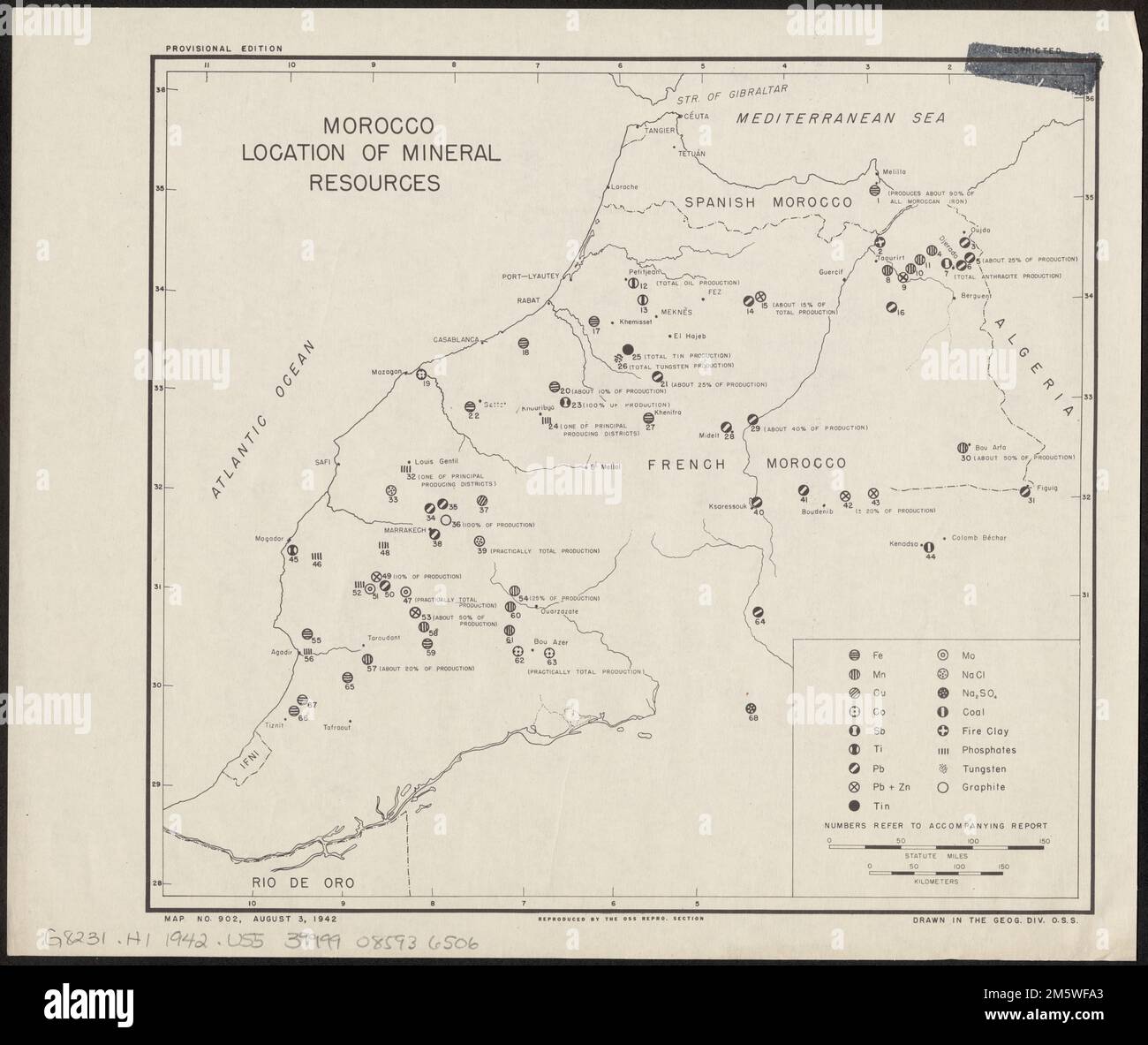 Maroc, emplacement des ressources minérales. N° de carte 902, 3 août 1942 , Maroc Banque D'Images
