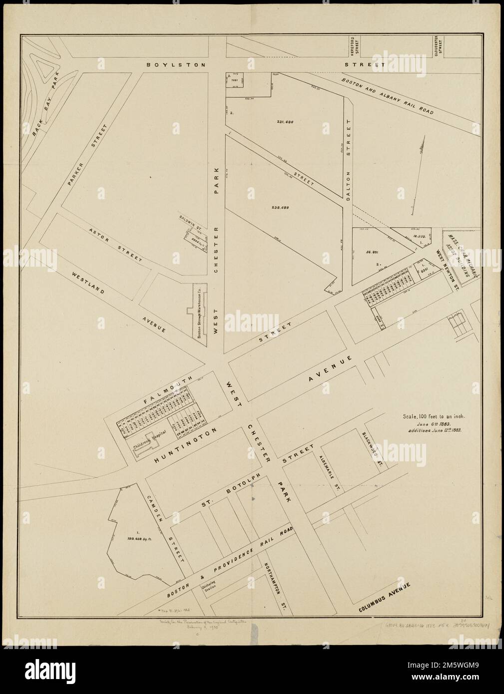 [Plan de lots sur Falmouth Street, Boston]. Titre fourni par le catalogueur. Orienté vers le nord vers le coin supérieur droit. '6 juin 1883. Ajouts 12 juin 1883.'... , Massachusetts , Suffolk ,comté , Boston , Back Bay Massachusetts , Suffolk ,comté , Boston , South End Banque D'Images