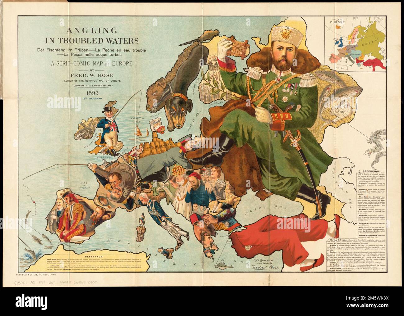 Pêche dans les eaux troublées = der fischfang im truben = la pêche en eau trouble = la pesca nelle acque turbes : une carte sério-comique de l'Europe. Les attitudes politiques nationales sont représentées par des caricatures de personnes, d'animaux, etc Inclut le texte et l'encart de la « carte clé de l'Europe ». Les frontières politiques et les luttes de pouvoir définissent ce travail. La « carte comique de serio » datant du 19th siècle caricaturait chaque pays européen en tant que pêcheur, tenant un sac avec sa prise impériale, ou sur le point de perdre ce qu’il a attrapé. Servant d’allégorie à l’ingérence coloniale européenne ailleurs dans le monde, ce type de carte d’information « convaincante » Banque D'Images