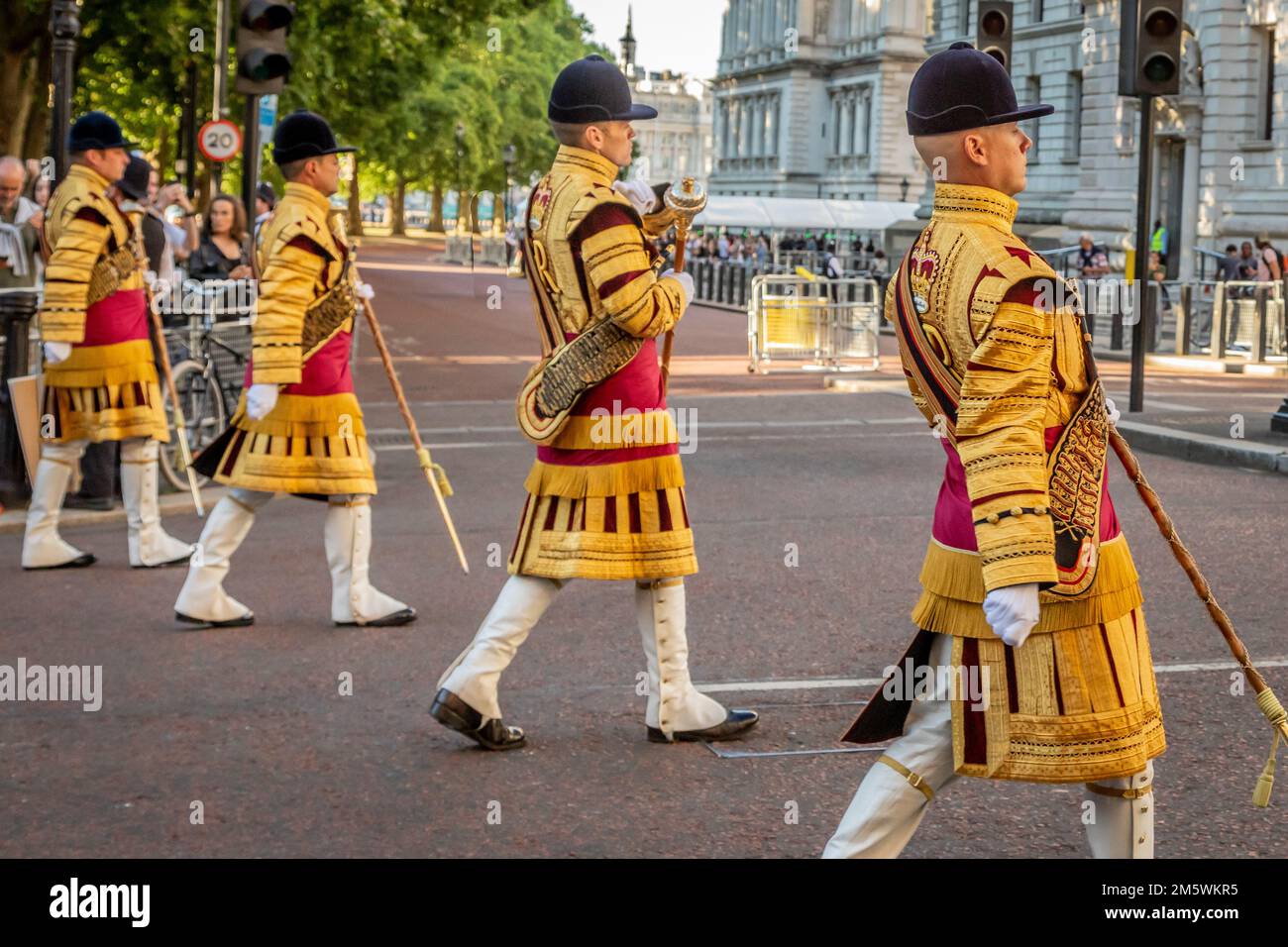 Drum Majors des groupes massés de la division Guards dans State Dress, Birdcage Walk, Londres, Royaume-Uni Banque D'Images