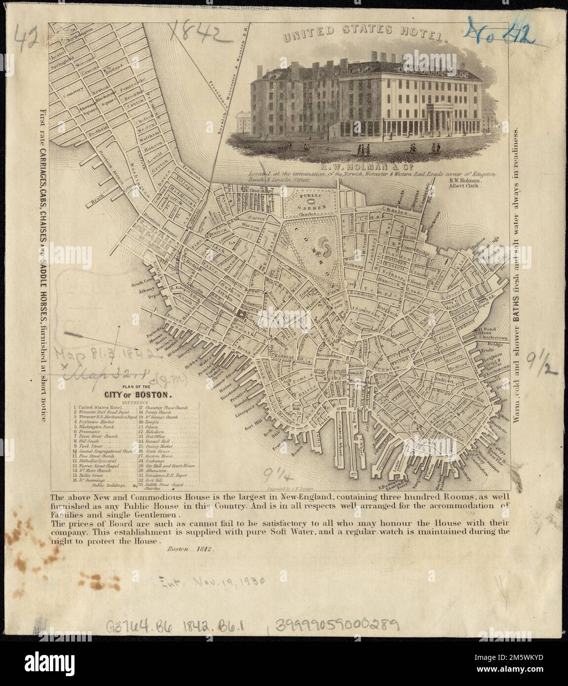 Plan de la ville de Boston. Orienté vers le nord vers le coin inférieur droit. Inclut des références aux points d'intérêt, au texte et à l'Ill. De l'hôtel des États-Unis , Massachusetts , Suffolk , comté , Boston Banque D'Images