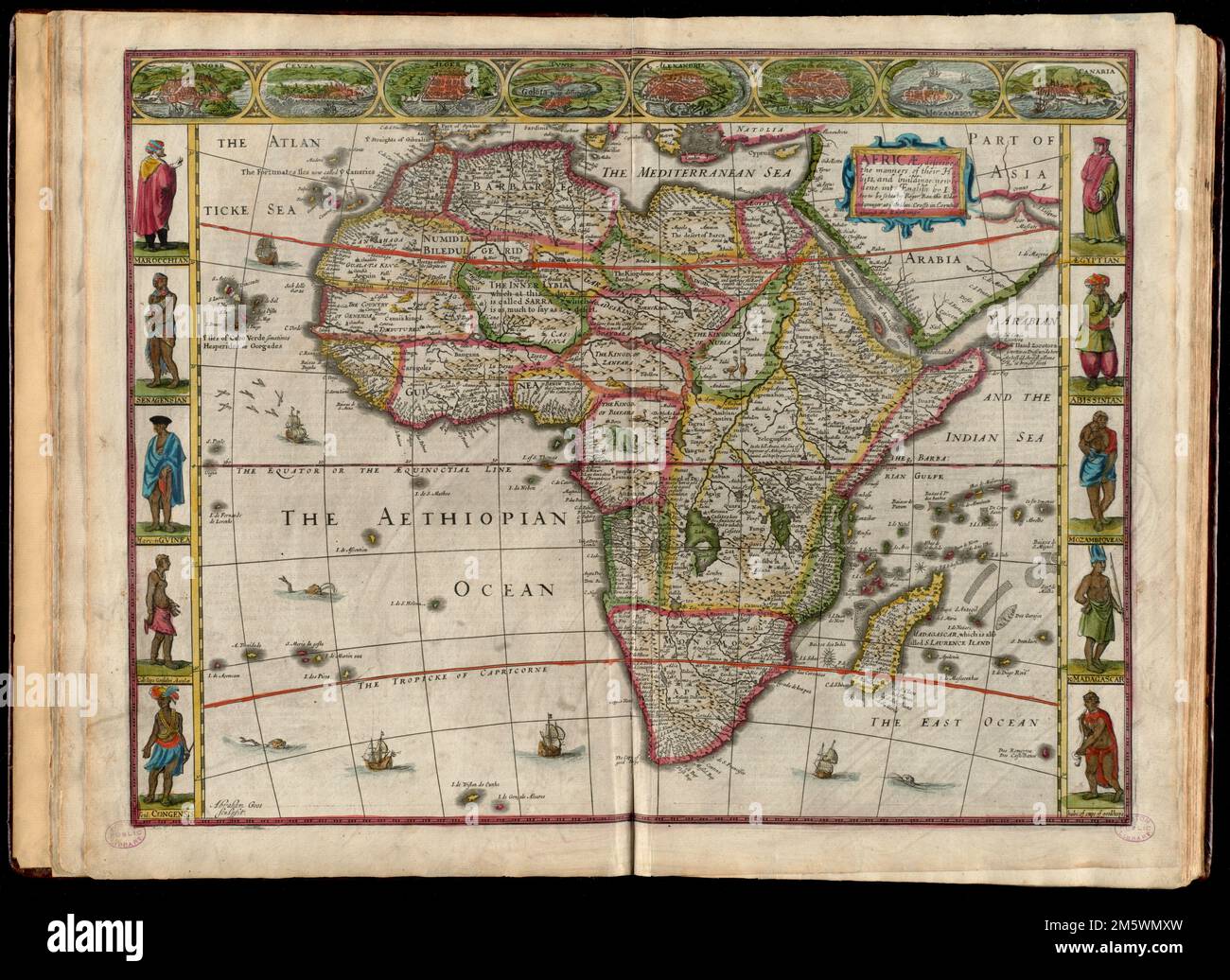 Africæ, décrit, les manières de leurs habitudes et de leurs bâtiments, récemment fait en anglais. Grugeage illustré par illustration. Méridien d'origine : [Ferro]. Texte sur verso intitulé la description de l'Afrique; p. 5-6; signature de l'imprimeur C. comprend Ill. de navires, de monstres marins et d'animaux. Cartes annexes à la frontière supérieure: Tanger -- Ceuta -- Alger -- Tunis -- Alexandrie -- Alcair -- Mozambique -- Canaria. Comprend Ill. des autochtones aux frontières gauche et droite. Dans la perspective de l'auteur des plus célèbres parties du monde (Londres, 1662). Le catalogage, la conservation et la numérisation ont été rendus possibles en partie par le Nati Banque D'Images