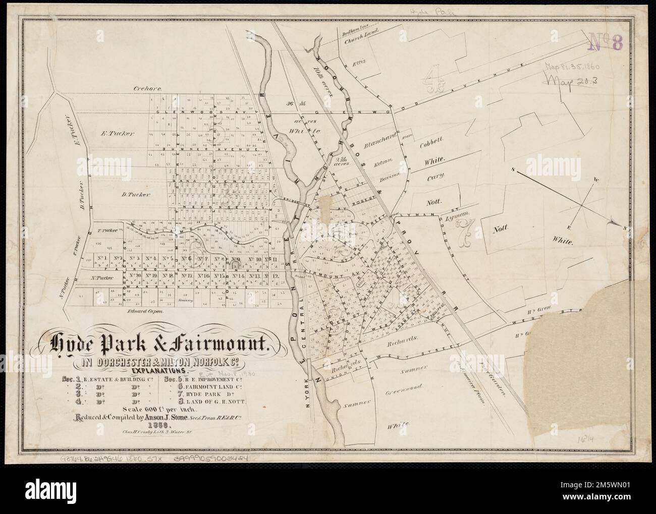 Hyde Park & Fairmount : à Dorchester & Milton, Norfolk Co Orienté vers le nord vers le bas à droite... Hyde Park et Fairmount. Hyde Park et Fairmount, Massachusetts , Suffolk , comté , Boston , Hyde Park Massachusetts , Norfolk , comté , Milton Banque D'Images