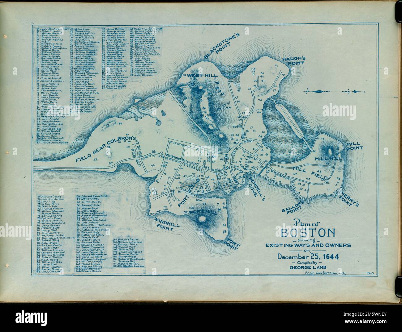 Plan de Boston montrant les voies et les propriétaires existants sur 25 décembre 1644. D'Une série de plans de Boston, montrant les voies existantes et les propriétaires de propriété de 25 décembre 1630 à 25 décembre 1645 inclusive. Atlas publié en 1903 , Massachusetts , Suffolk , comté , Boston Banque D'Images