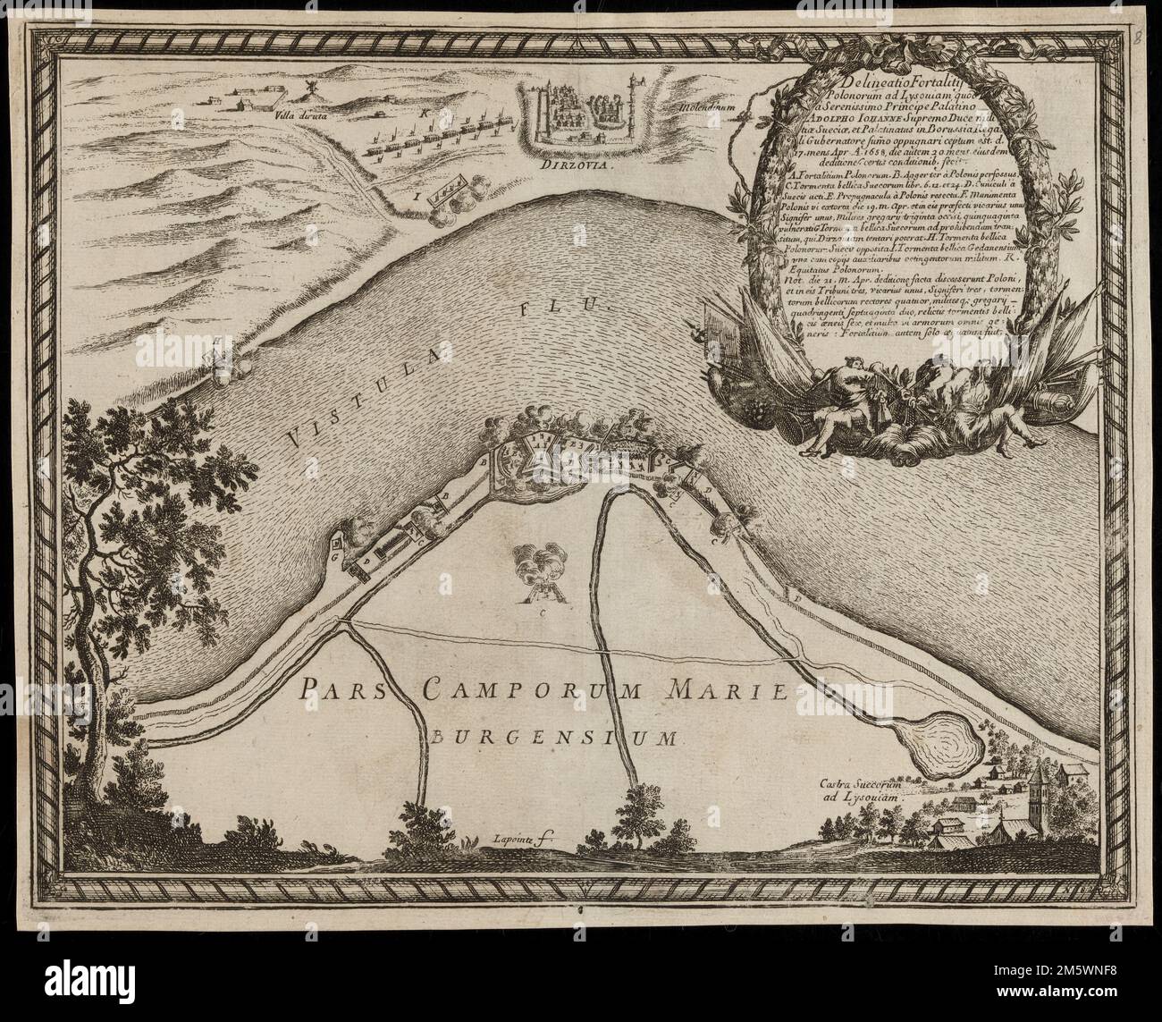 Delineatio Fortalitij Polonorum ad Lysouiam, chod a serérissimo principe Palatino Adolpho Iohanne Supremo Duce miliae sueciae, et Palatinatus in Borussia Regali Gubernatore sumo oppugnari cepest tum. d. 17. Hommes avril A. 1658, die autem 20. hommes. eiusdem deditiones certis condiib. faecit. Orienté vers le nord à gauche. De Samuel von Pufendorf's de rebus a Carolo Gustavo Sueciae rege gestis commentariorum libri septem. Norimbergae : Sumptibus Christophori Riegelij, 1696. Comprend des références, une bordure décorative et une cartouche de titre sur le thème militaire. 'N. 82' --bordure inférieure droite. Conservation Banque D'Images