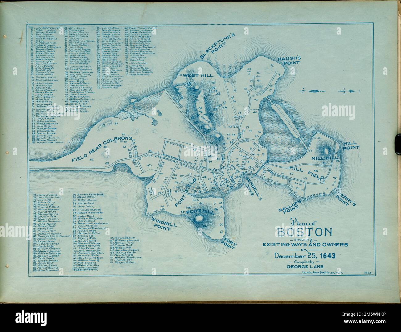 Plan de Boston montrant les voies et les propriétaires existants sur 25 décembre 1643. D'Une série de plans de Boston, montrant les voies existantes et les propriétaires de propriété de 25 décembre 1630 à 25 décembre 1645 inclusive. Atlas publié en 1903 , Massachusetts , Suffolk , comté , Boston Banque D'Images