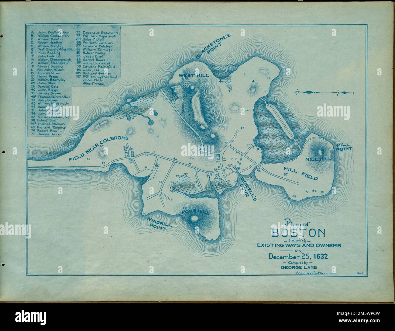 Plan de Boston montrant les voies et les propriétaires existants sur 25 décembre 1632. D'Une série de plans de Boston, montrant les voies existantes et les propriétaires de propriété de 25 décembre 1630 à 25 décembre 1645 inclusive. Atlas publié en 1903 , Massachusetts , Suffolk , comté , Boston Banque D'Images