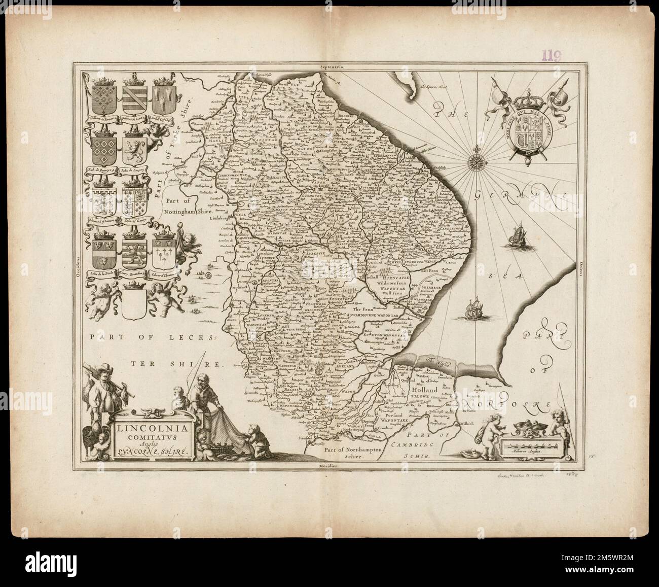 Lincolnia comitatus Anglis Lyncolne Shire. Grugeage illustré par illustration. Cartouche décorée avec des figures d'un chasseur et d'un pêcheur. Dans le coin supérieur gauche se trouvent les armoiries de la noblesse locale, dans le coin supérieur droit des armoiries de l'Angleterre. Manque de texte sur le verso. Tiré de la même plaque qu'une carte dans : le nouvel atlas ou Théâtre du monde : auquel est representée la Grande Bretagne... Amstelodami : apud Joannem Janssonium, 1646. (V. 4, p. 243-244 , SIG. 4L, plaque n° 26) titre en latin et en anglais, noms de lieux en anglais. Le catalogage, la conservation et la numérisation ont été rendus possibles en partie par le National Banque D'Images