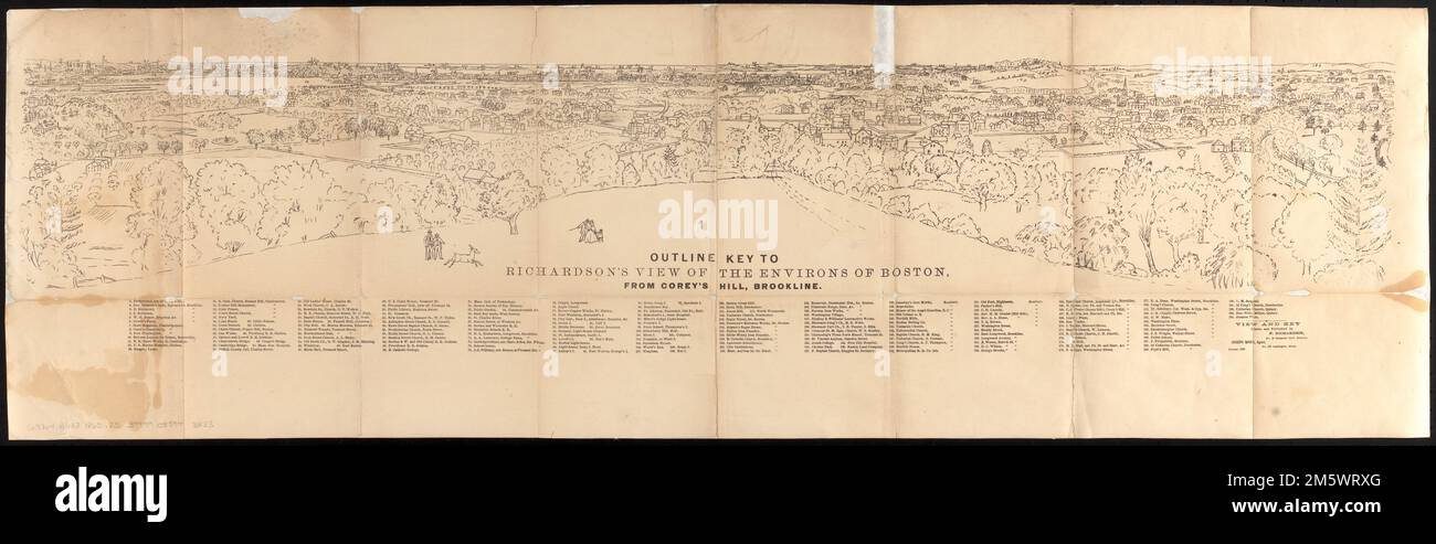 Décrivez la clé de la vue de Richardson sur les environs de Boston depuis Corey's Hill, Brookline. Inclut l'index des points d'intérêt... Environs de Boston, de Corey's Hill, Brookline, Massachusetts. Environs de Boston, de Corey's Hill, Brookline, Massachusetts, Suffolk , comté , Boston Banque D'Images