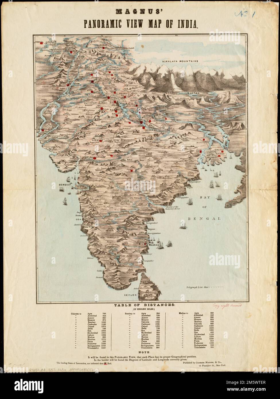 Carte de Magnus avec vue panoramique de l'Inde. Inclut le tableau des distances , Inde Banque D'Images