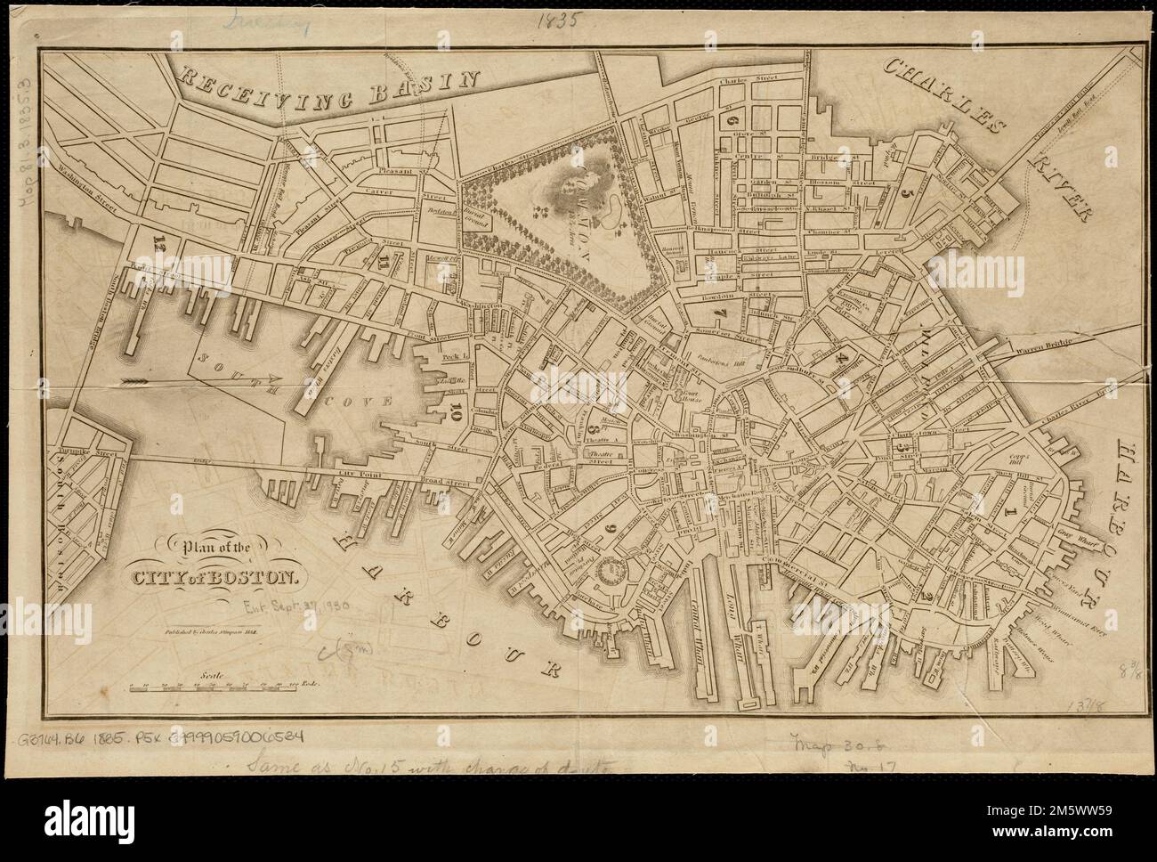 Plan de la ville de Boston. Relief indiqué par les haches. Orienté vers le nord à droite , Massachusetts , Suffolk , comté , Boston Banque D'Images