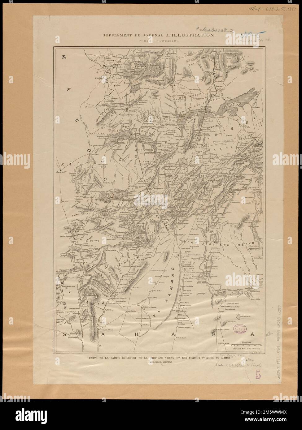 Carte de la partie sud-ouest de la province d'Oran et des régions voisins du Maroc. Couvre le nord-ouest de l'Algérie et l'est du Maroc. Relief indiqué par les haches. 'Support du journal l'Illustration n° 2016 - 15 octobre 1881.'... , Algérie Maroc Banque D'Images