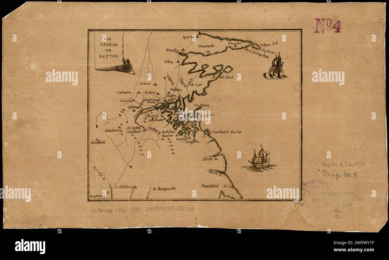 Die gegend UM Boston. Grugeage illustré par illustration. Décrit Boston et ses environs, avec deux navires dans le port. Le papier a un grand filigrane , Massachusetts , Suffolk , comté , Boston Banque D'Images