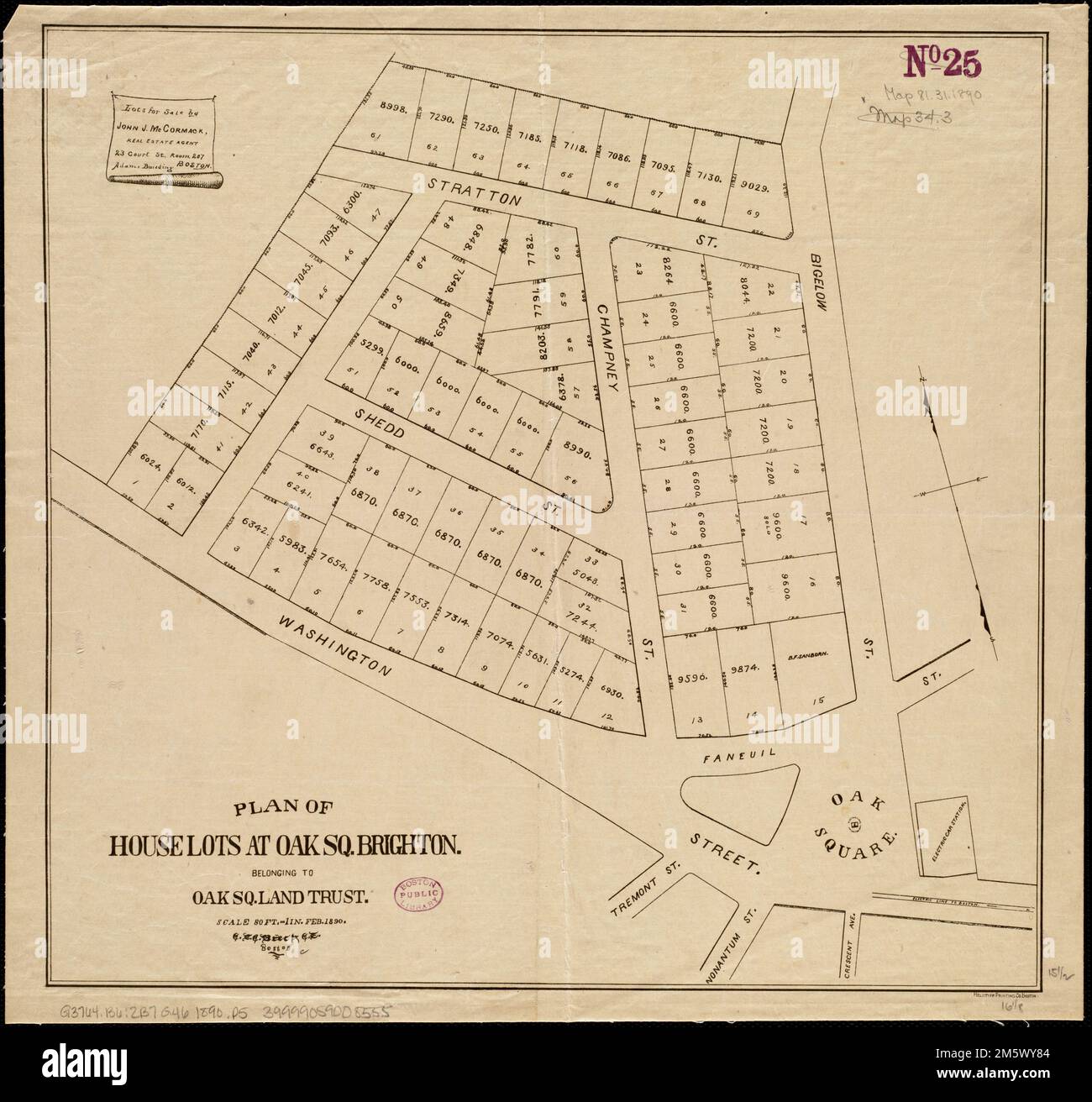 Plan de la maison lots à Oak Sq. Brighton : appartenant à Oak Sq. Fiducie foncière. Orienté vers le nord, en haut à gauche , Massachusetts , Suffolk ,Comté , Boston , Brighton Banque D'Images