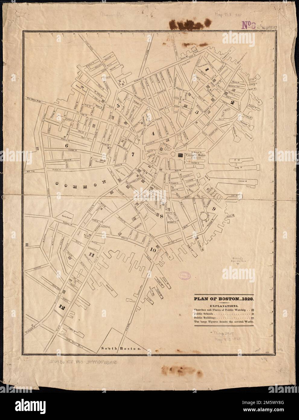 Plan de Boston 1828. Inclut des références aux lieux d'intérêt et aux quartiers... Plan de Boston. Plan de Boston, Massachusetts , Suffolk , comté , Boston Banque D'Images