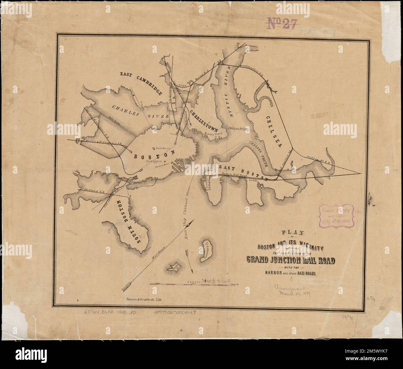 Plan de Boston et ses environs montrant la connexion de la route ferroviaire Grand Junction avec le port et d'autres chemins de fer. Orienté vers le nord, en haut à droite , Massachusetts , Suffolk , comté , Boston Banque D'Images
