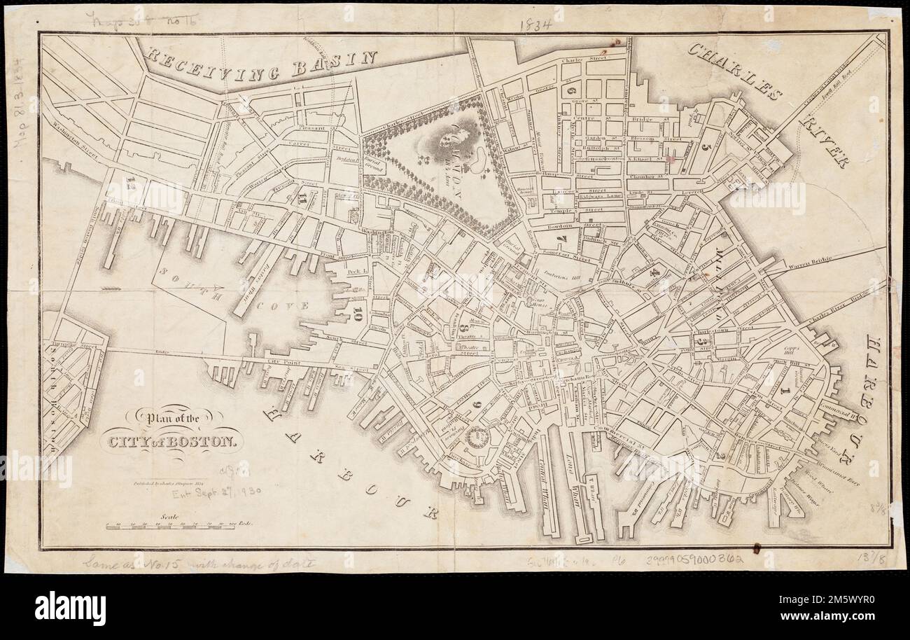 Plan de la ville de Boston. Relief indiqué par les haches. Orienté vers le nord à droite , Massachusetts , Suffolk , comté , Boston Banque D'Images