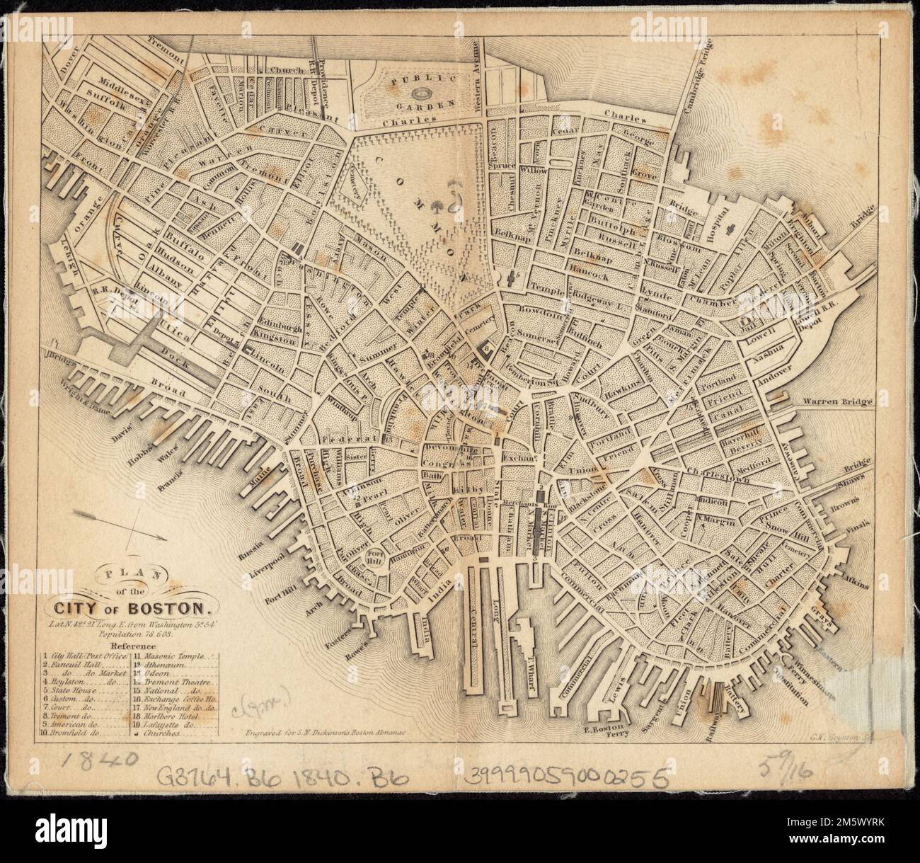 Plan de la ville de Boston. Orienté vers le nord vers le coin inférieur droit. Inclut des références aux points d'intérêt. 'Population 78 603.'... , Massachusetts , Suffolk , comté , Boston Banque D'Images