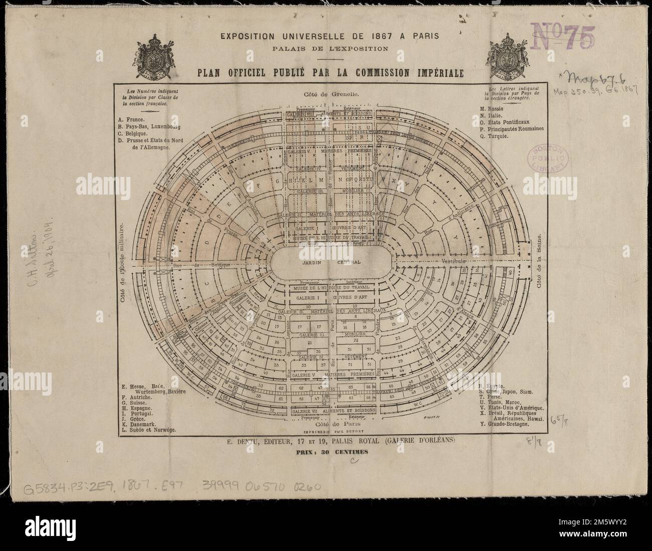 Exposition universelle de 1867 a Paris, palais de l'exposition : Plan officiel public par la Commission Impériale. Orienté vers le nord, en bas à droite , France , Île-de-France , région , Paris Banque D'Images