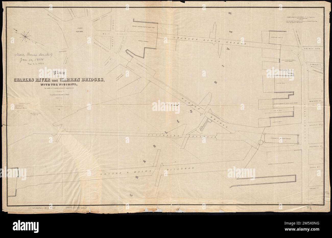 Plan de la rivière Charles et des ponts de Warren, avec les environs. Orienté vers le nord vers le coin supérieur gauche. « Thomas Doane & John Doane Jr., ingénieurs civils et arpenteurs de voies. »... , Massachusetts , Charles ,River Massachusetts , Suffolk , comté , Boston Banque D'Images