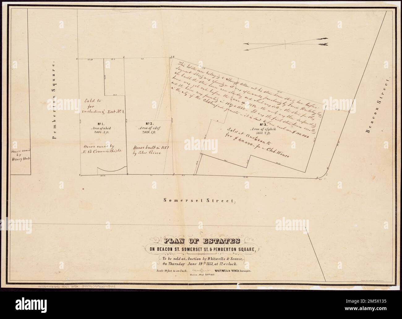 Plan des propriétés sur la rue Beacon, rue Somerset & Pemberton Square : à vendre aux enchères par Whitwells & Seaver, le jeudi 19 juin 1851, à 12 heures. Orienté vers le nord vers le coin inférieur gauche. 'Boston, 28 mai 1851.'... , Massachusetts , Suffolk , comté , Boston Banque D'Images