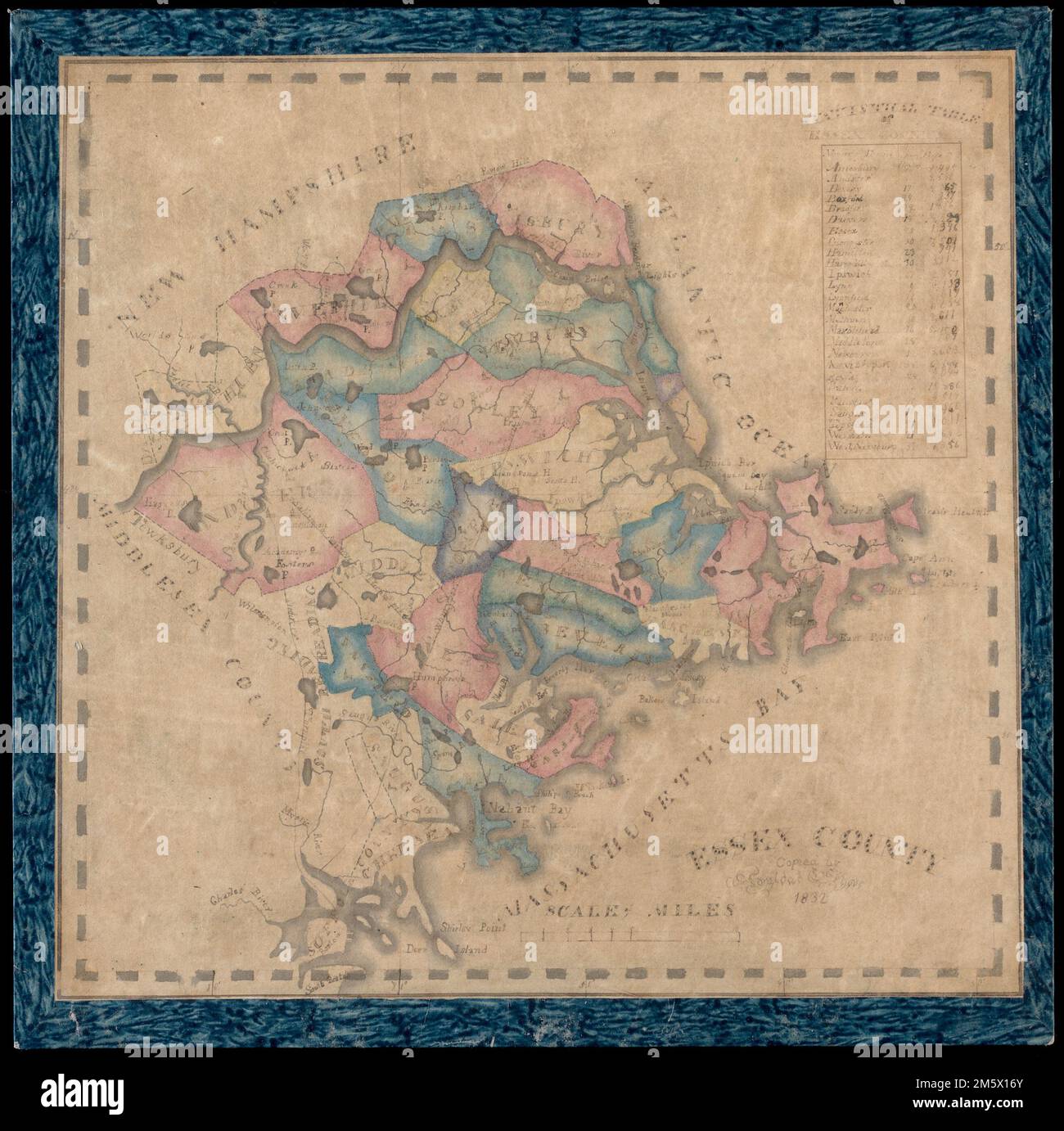 Comté d'Essex. Affiche les cantons, les chemins de fer, les rivières et certaines villes et caractéristiques géographiques. Carte manuscrite dessinée par une écolière à l'encre, à l'aquarelle et au crayon. Inclut un tableau statistique , Massachusetts , Essex , comté Banque D'Images