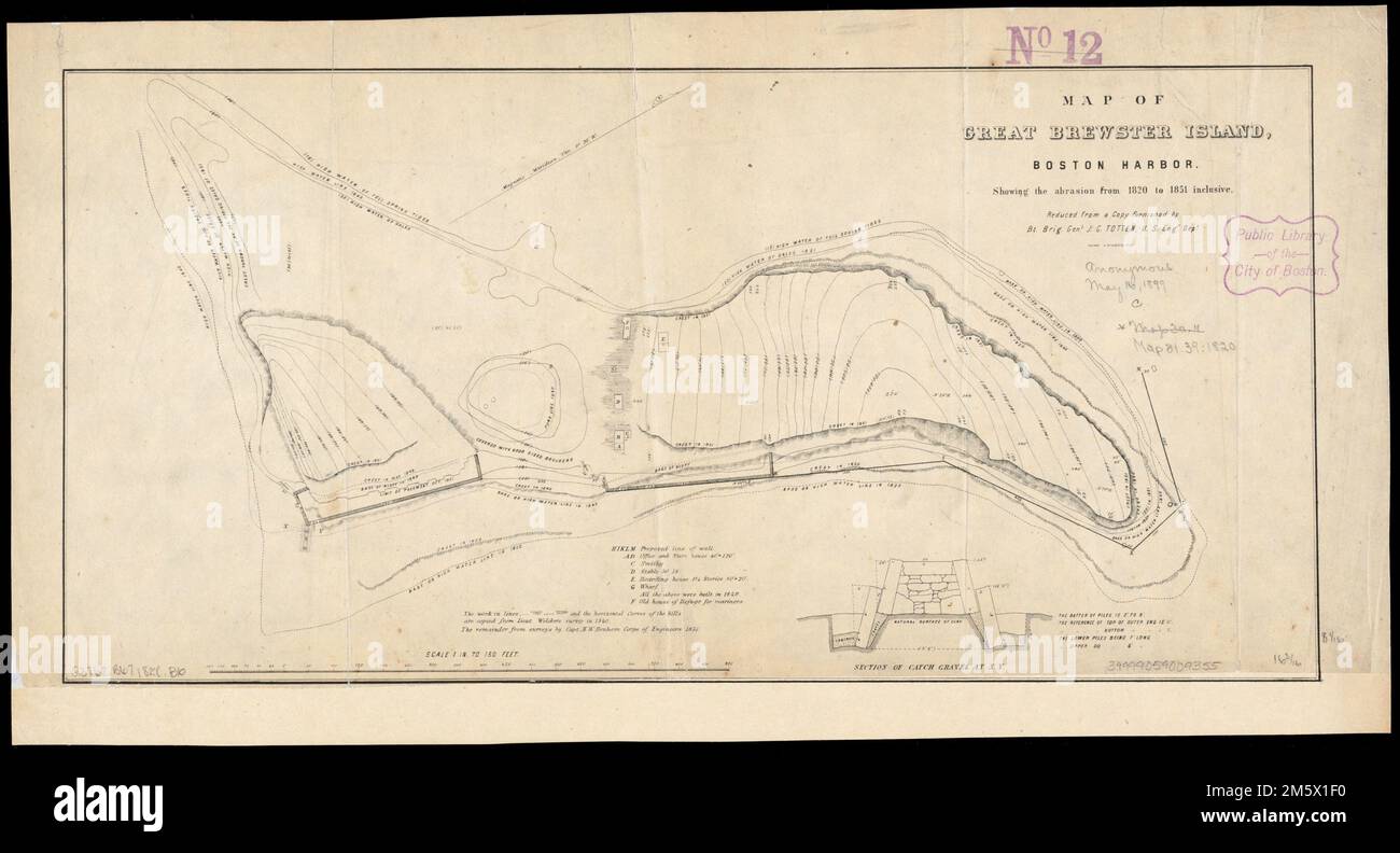 Carte de l'île Great Brewster, port de Boston : montrant l'abrasion de 1820 à 1851 inclus. Orienté vers le nord vers le coin supérieur droit. Comprend une section de gravier capté. 'Réduit d'une copie fournie par Bt. Brig. Genl. J.G. Totten, États-Unis Moteur Service... , Massachusetts , Boston Harbor Banque D'Images Carte de l'île Great Brewster, port de Boston : montrant l'abrasion de 1820 à 1851 inclus. Orienté vers le nord vers le coin supérieur droit. Comprend une section de gravier capté. 'Réduit d'une copie fournie par Bt. Brig. Genl. J.G. Totten, États-Unis Moteur Service... , Massachusetts , Boston Harbor Banque D'Images