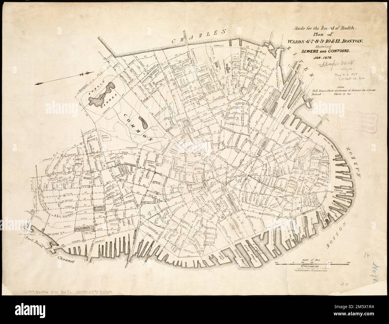 Plan des quartiers 6, 7, 8, 9, 10 et 12, Boston : montrant les égouts et les contours :Jan., 1878. Orienté vers le nord vers le coin supérieur droit... Fait pour le Conseil de santé, plan des quartiers 6, 7, 8, 9, 10 et 12, Boston. Fait pour le Conseil de santé, plan des quartiers 6, 7, 8, 9, 10 et 12, Boston, Massachusetts , Suffolk , comté , Boston Banque D'Images