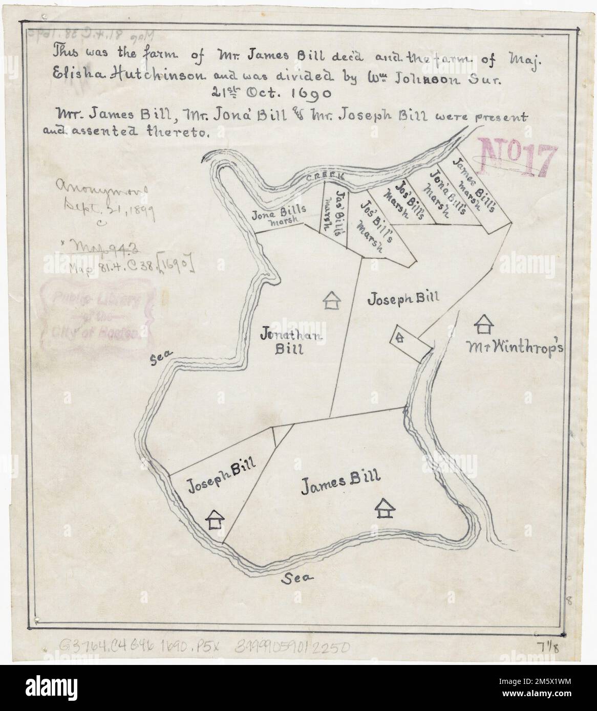 [Plan des terres agricoles de Chelsea appartenant à la famille Bill]. Titre fourni par le catalogueur.... , Massachusetts , Suffolk ,comté , Chelsea Banque D'Images