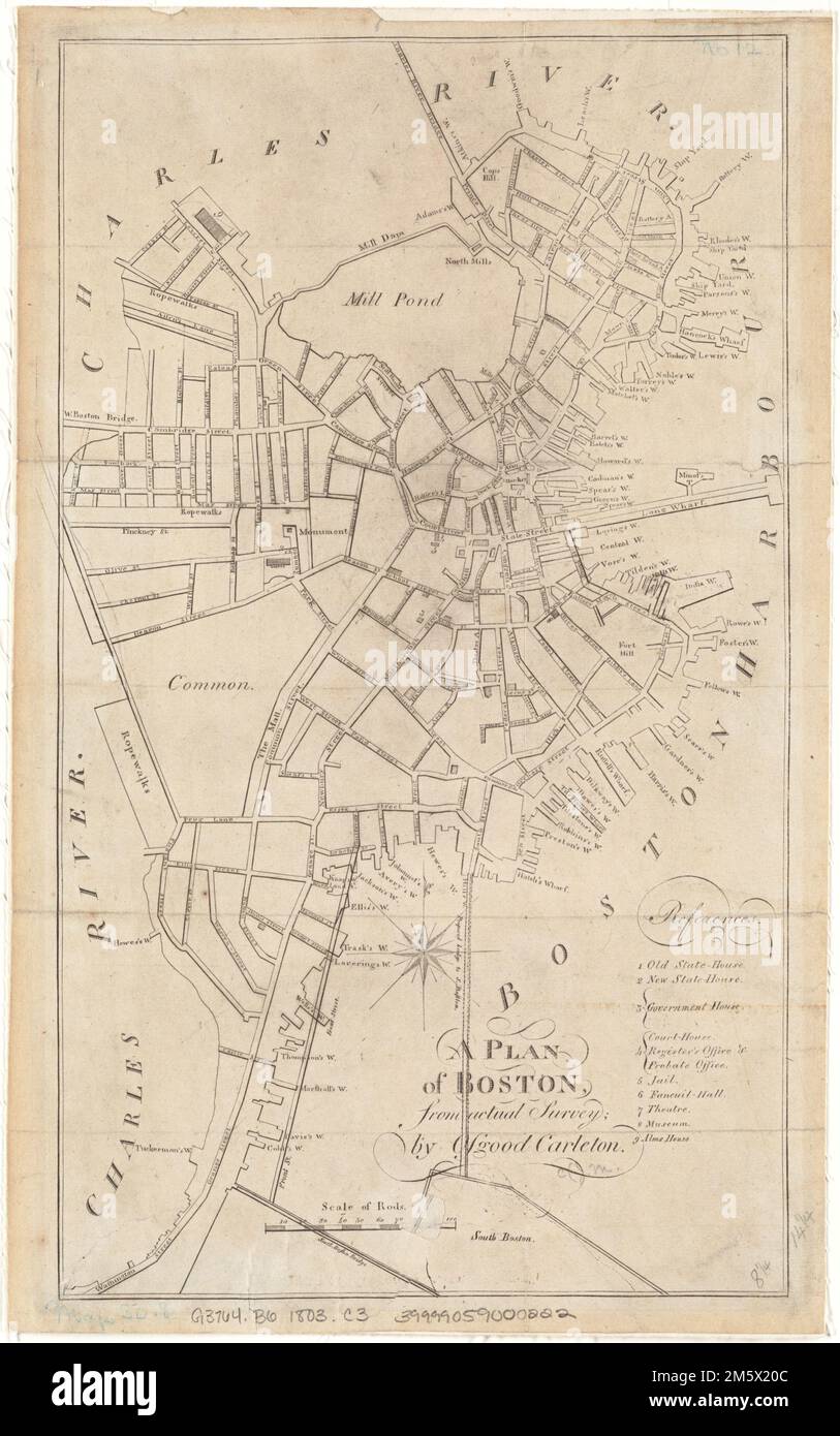 Un plan de Boston, à partir de l'enquête réelle. Inclut des références aux points d'intérêt. Date estimée du développement à South Cove , Massachusetts , Suffolk , comté , Boston Banque D'Images