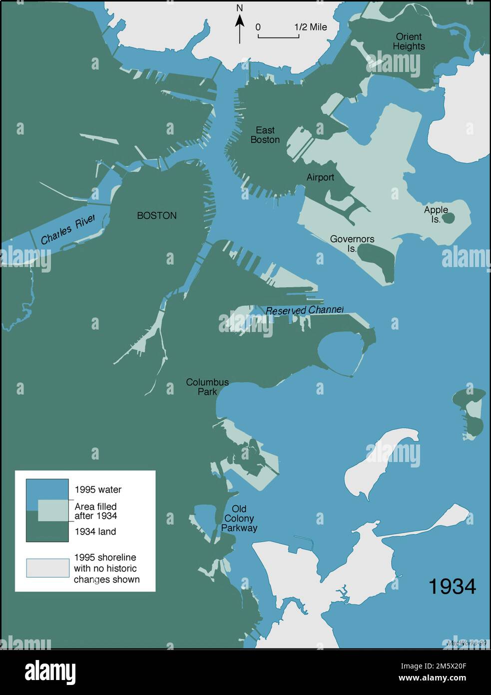 Littoral de Boston 1934. Cartographie par Herb Heidt et Eliza McClennen de MapWorks for Mapping Boston édité par Alex Krieger et David Cobb avec Amy Turner. Cambridge, ma : MIT Press, 1999.... , Massachusetts , Suffolk , comté , Boston Banque D'Images