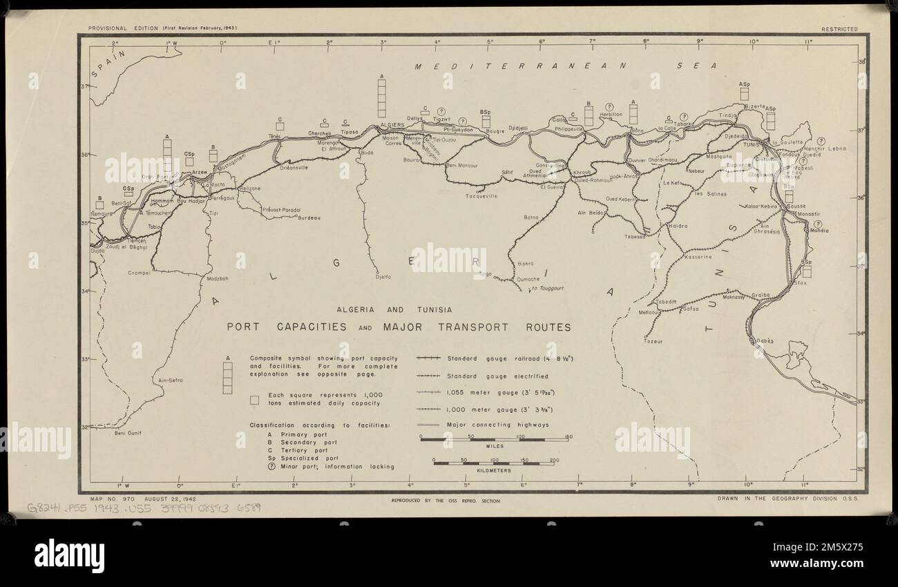 Algérie et Tunisie, capacités portuaires et principales routes de transport. N° de carte 970, 22 août 1942 , Algérie Tunisie Banque D'Images