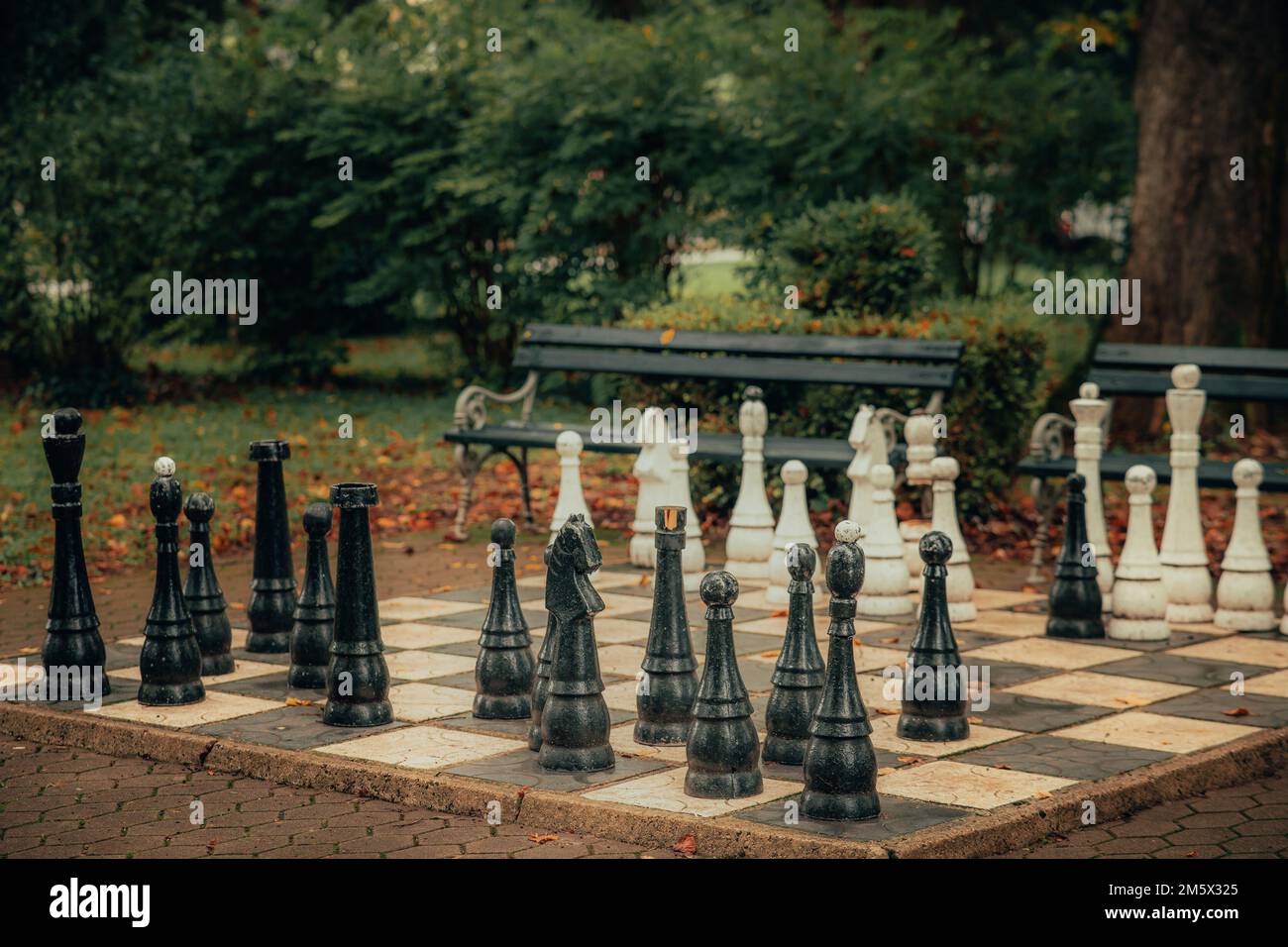 Jeu d'échecs à l'extérieur dans un parc. Figures de jeu noir et blanc debout au hasard sur le damier. Banque D'Images