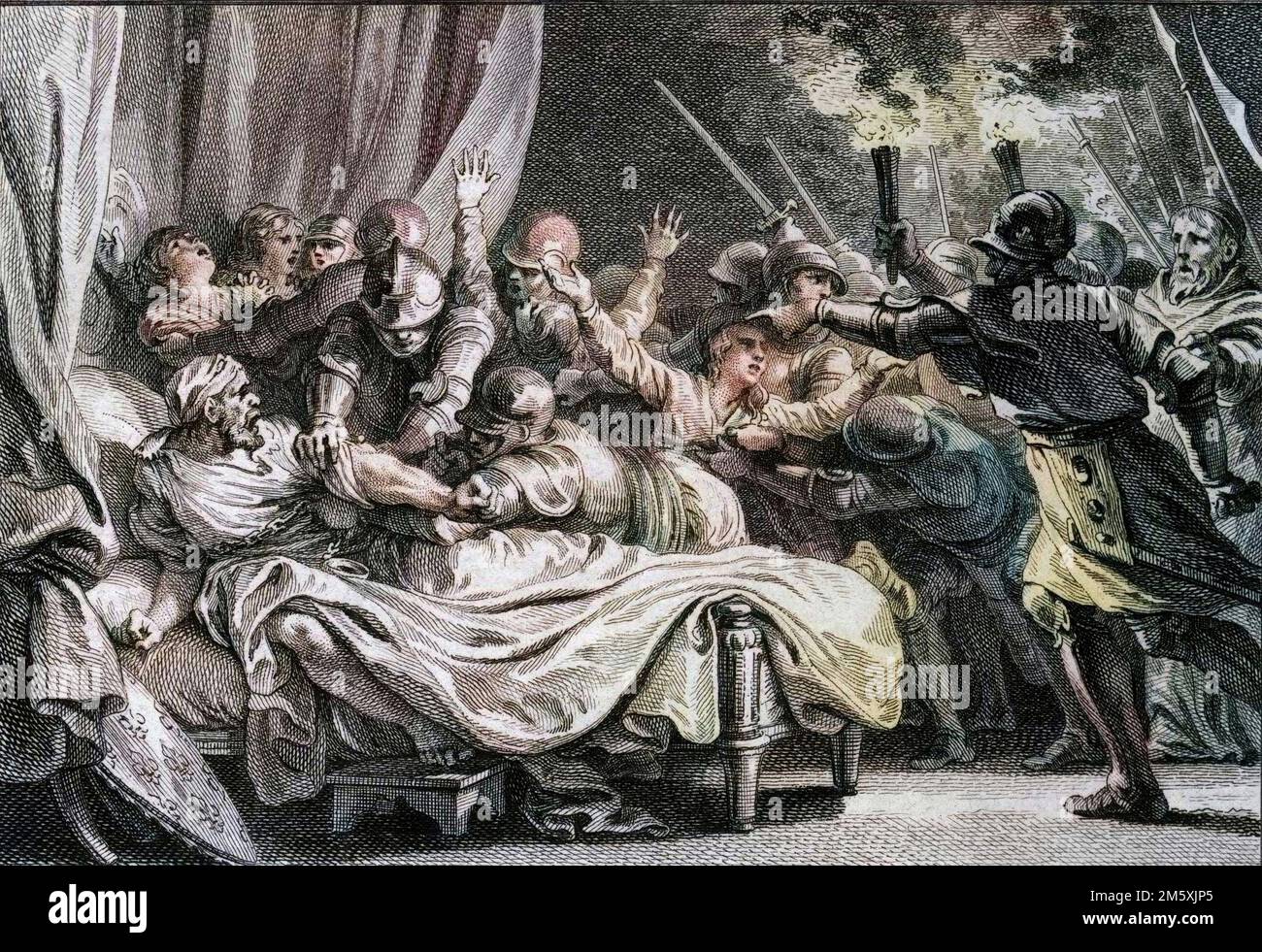 Fin de la dynastie carolingienne, 988 : arrêt de Charles (953-991), duc de Basse Lorraine, par Hugues Capet (941-996) et son armee. Gravure de Jean Michel Moreau, dit Moreau le Jeune (1741-1814), 18eme siecle. Figurines de l'histoire de France (dessinées par Moreau le Jeune, Lépicé et Monnet, gravées par le Bas avec avis de l'abbé Jean-Jacques Garnier) 1785 - colorisation numérique d'après l'original - Banque D'Images