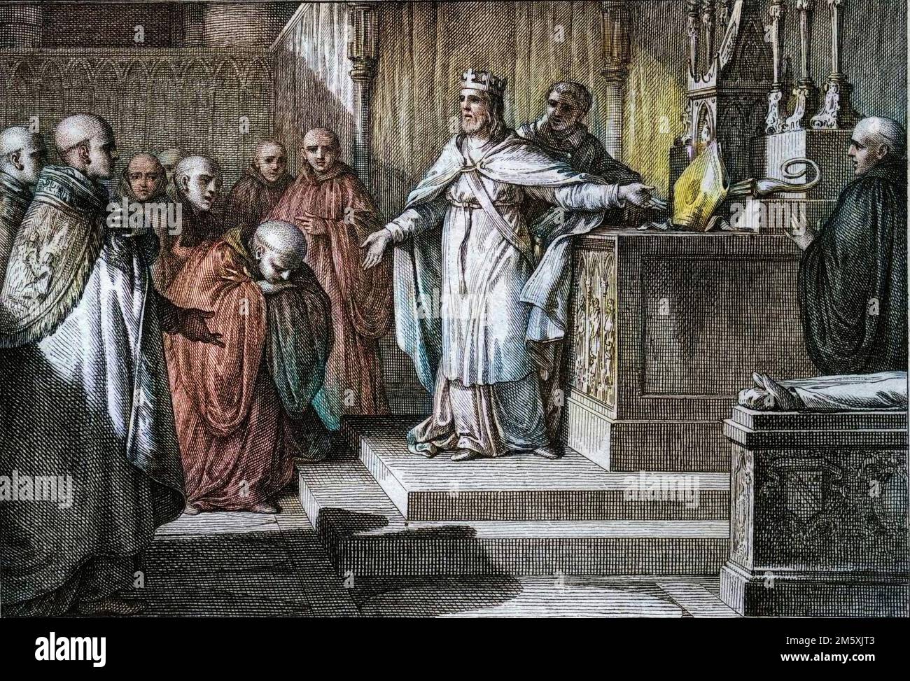 Hugues Capet (941-996) retable les élections canoniques : le roi des Francs Autorise les moines a elir leurs abbes en déposant sur un autre une crosse et une Mitre. Gravure de Jean Michel Moreau, dit Moreau le Jeune (1741-1814), 18eme siecle. Figurines de l'histoire de France (dessinées par Moreau le Jeune, Lépicé et Monnet, gravées par le Bas avec avis de l'abbé Jean-Jacques Garnier) 1785 - colorisation numérique d'après l'original - Banque D'Images
