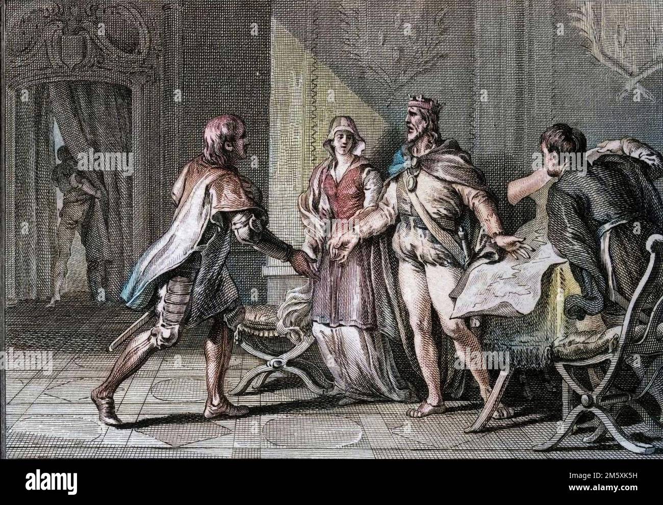 Reconquista (Reconquete), 1094 : Alphonse VI de Castille (Alfonso VI de Leon y Castilla, 1040-1109) marie sa fille Therese de Leon (1080-1130) un Henri de Bourgogne (1066-1112) pour le remercier de son aide contre les Maures. Devenu comte du Portugal, Henri sera le père d Alphonse 1er, premier roi du Portugal. Gravure de Jean Michel Moreau, dit Moreau le Jeune (1741-1814), 18eme siecle. Figurines de l'histoire de France (dessinées par Moreau le Jeune, Lépicé et Monnet, gravées par le Bas avec avis de l'abbé Jean-Jacques Garnier) 1785 - colorisation numérique d'après l'original - Banque D'Images