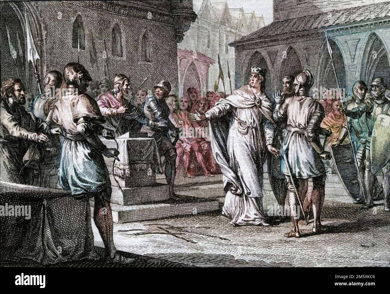 The simple a Soissons, 920 : Reprochant au roi le choix d'Haganon, simple chevalier, comme ministre et favorii, ils exigent l'exclusion du fils de la cour. Devant le refus de Charles III (879-929), ils barbotent des saules de paille et les jattent par terre indiquant leur refus de commer avec lui. A leur tete, Robert (865-923), qui déviendra roi de France en 922 sous le nom de Robert 1er. Gravure de Jean Michel Moreau, dit Moreau le Jeune (1741-1814), 18eme siecle. Figures de l'histoire de France (dessinées par Moreau le Jeune, Lépicé et Monnet, graviers) Banque D'Images