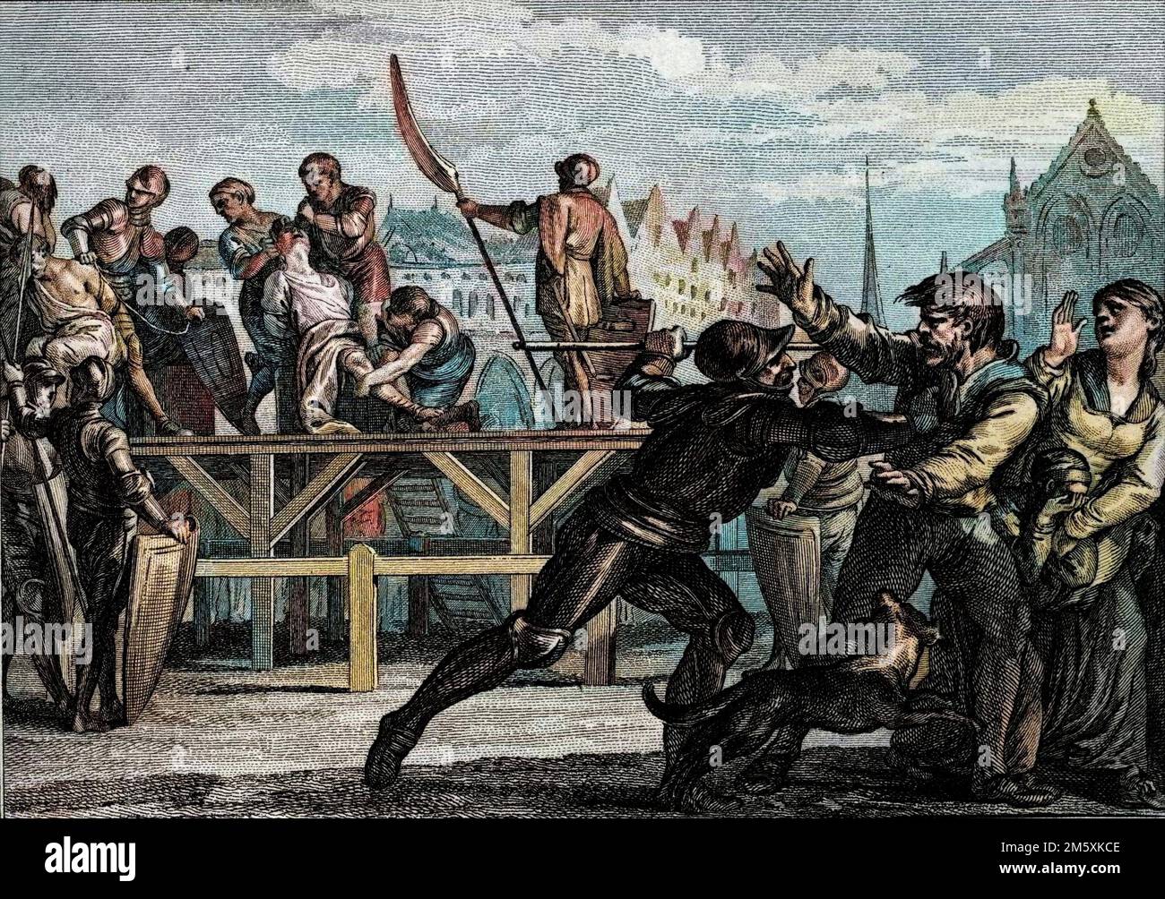 Supplément de Bernard, roi d'Italie (vers 797-818), 818 : il se fait crête les yeux pour s'être revolte contre Louis 1er le Pieux ou le Debonnaire. Gravure de Jean Michel Moreau, dit Moreau le Jeune (1741-1814), 18eme siecle. Figurines de l'histoire de France (dessinées par Moreau le Jeune, Lépicé et Monnet, gravées par le Bas avec avis de l'abbé Jean-Jacques Garnier) 1785 - colorisation numérique d'après l'original - Banque D'Images