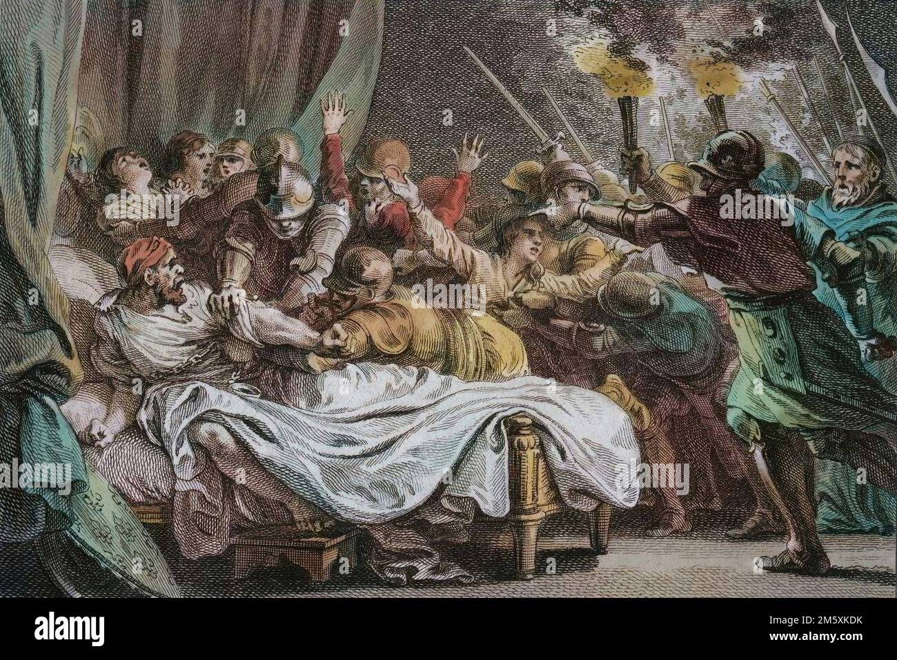 Extinction de la posterite de Charlemagne - fin de la dynastie carolingienne, 988 : arrêt de Charles (953-991), duc de Basse Lorraine, par Hugues Capet (941-996) et son armee. Gravure de Jean Michel Moreau, dit Moreau le Jeune (1741-1814), 18eme siecle. Figurines de l'histoire de France (dessinées par Moreau le Jeune, Lépicé et Monnet, gravées par le Bas avec avis de l'abbé Jean-Jacques Garnier) 1785 - colorisation numérique d'après l'original - Banque D'Images