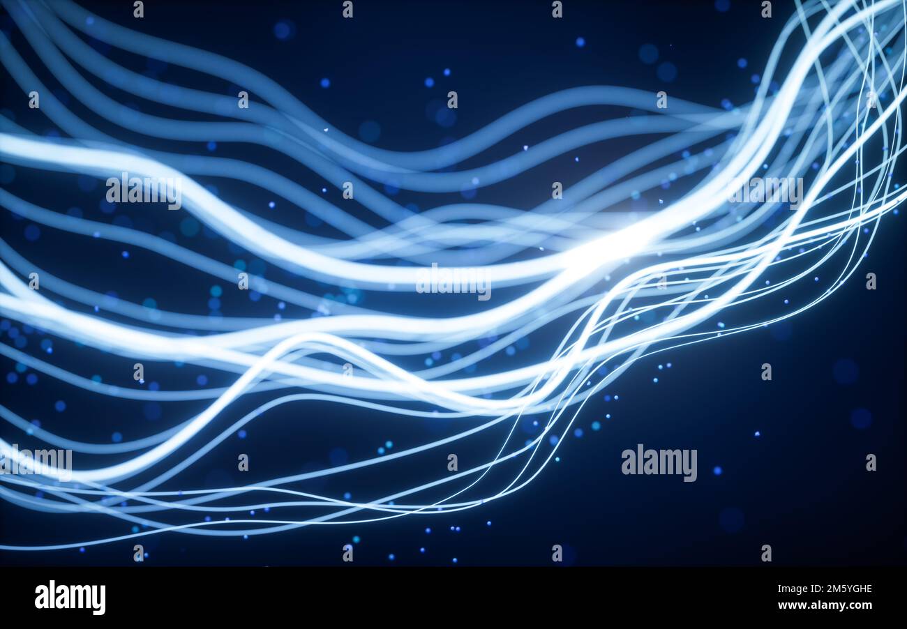Courbes et particules de gradient d'onde abstraites, rendu 3D. Dessin numérique. Banque D'Images