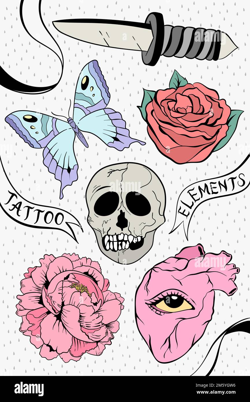 Collection de vecteur de symbole de tatouage simple vintage Old School flash Tattoo design Illustration de Vecteur