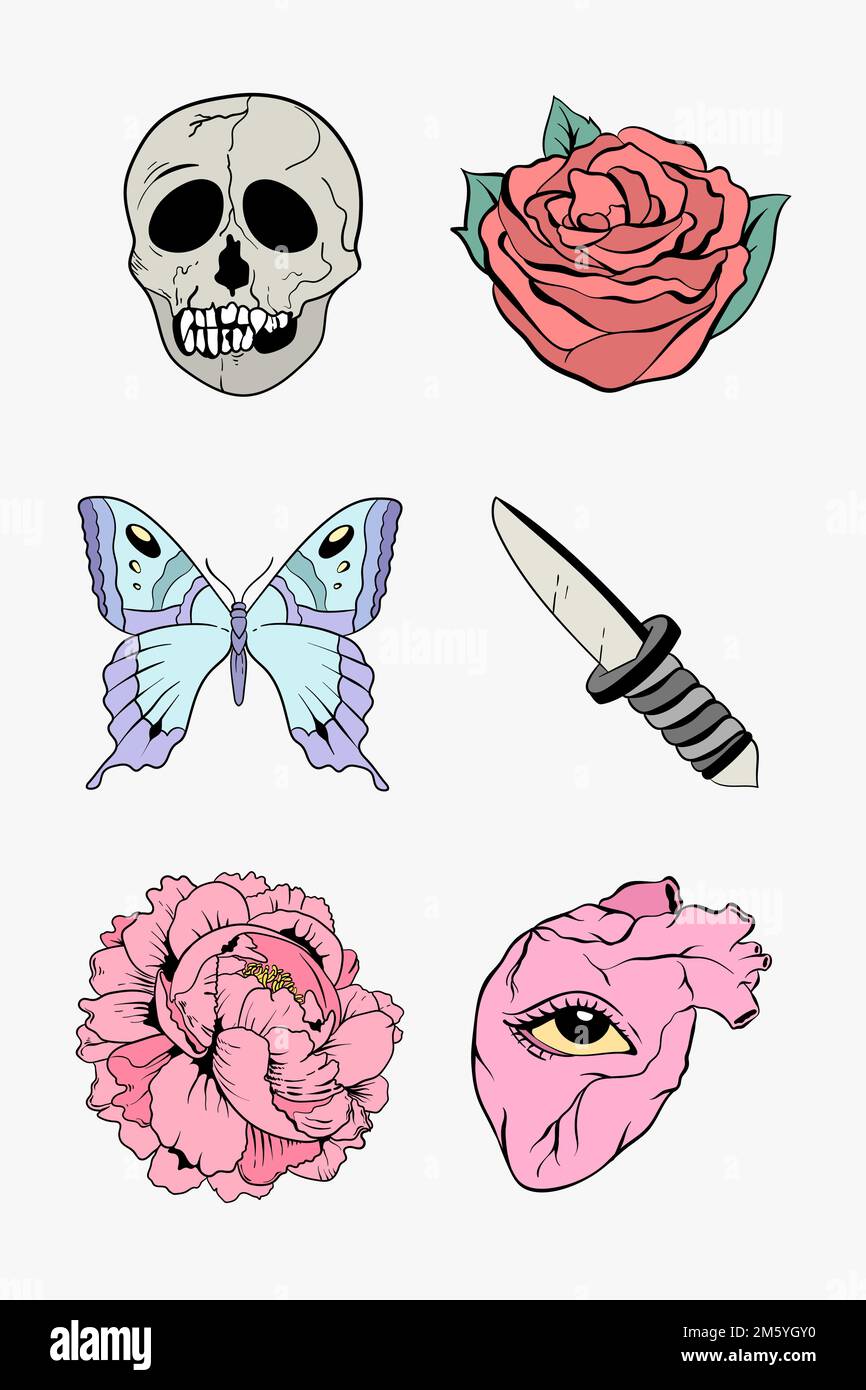 Ensemble de symboles de dessin de tatouage simple vintage Old School Illustration de Vecteur