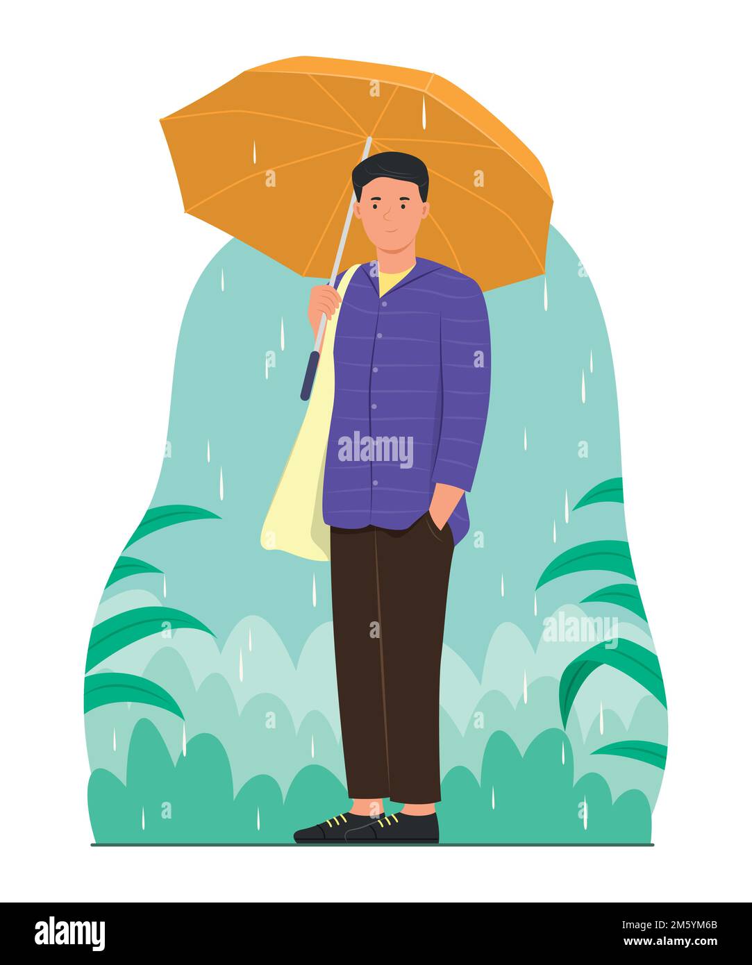 Homme tenant un parapluie et profitez de la vie en plein air sous la pluie Illustration de Vecteur
