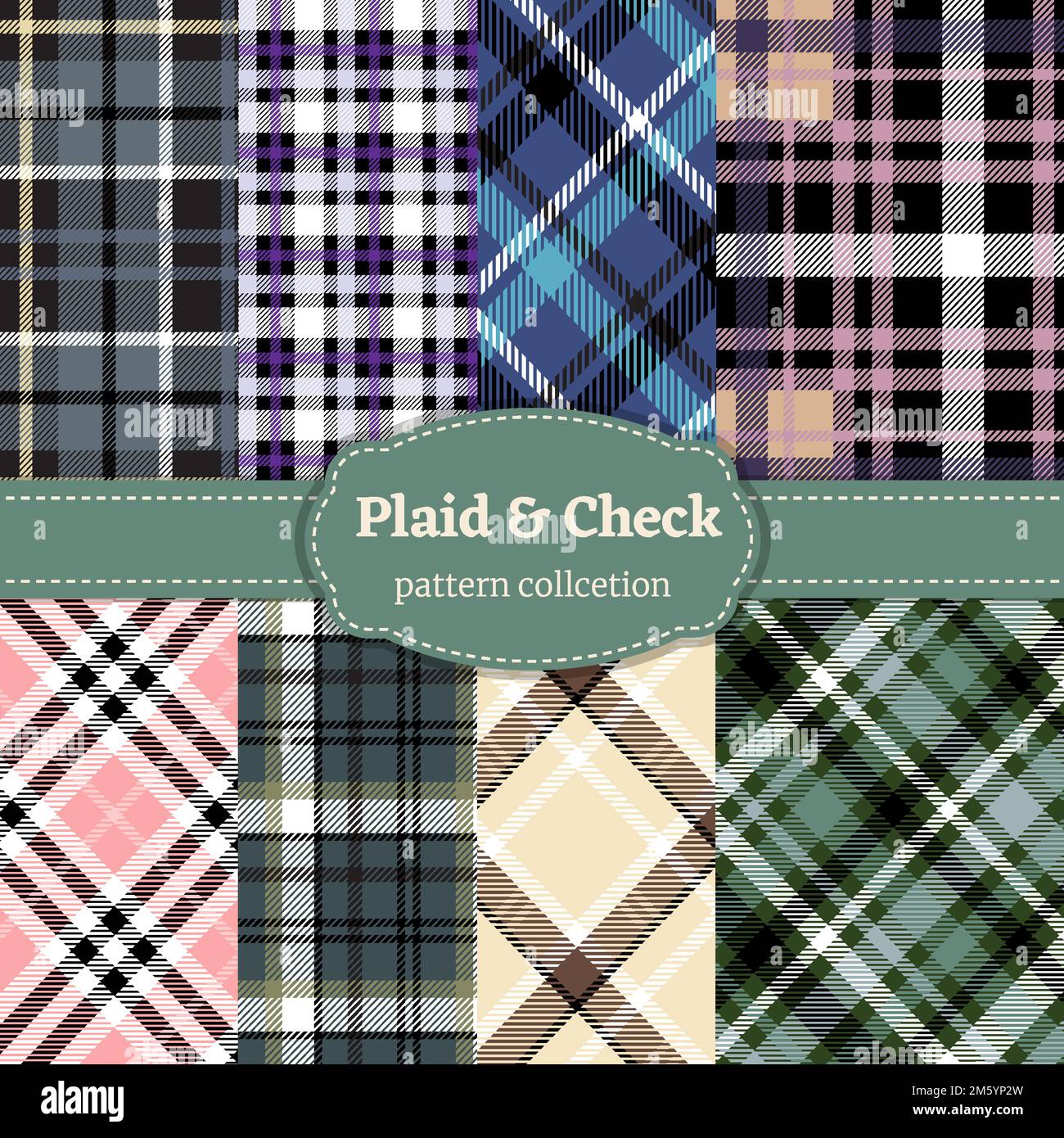 Jeu de motifs Luberjack en tissu écossais bleu, rose, vert, gris. Chemise, jupe et écharpe à carreaux écossais en flanelle Illustration de Vecteur